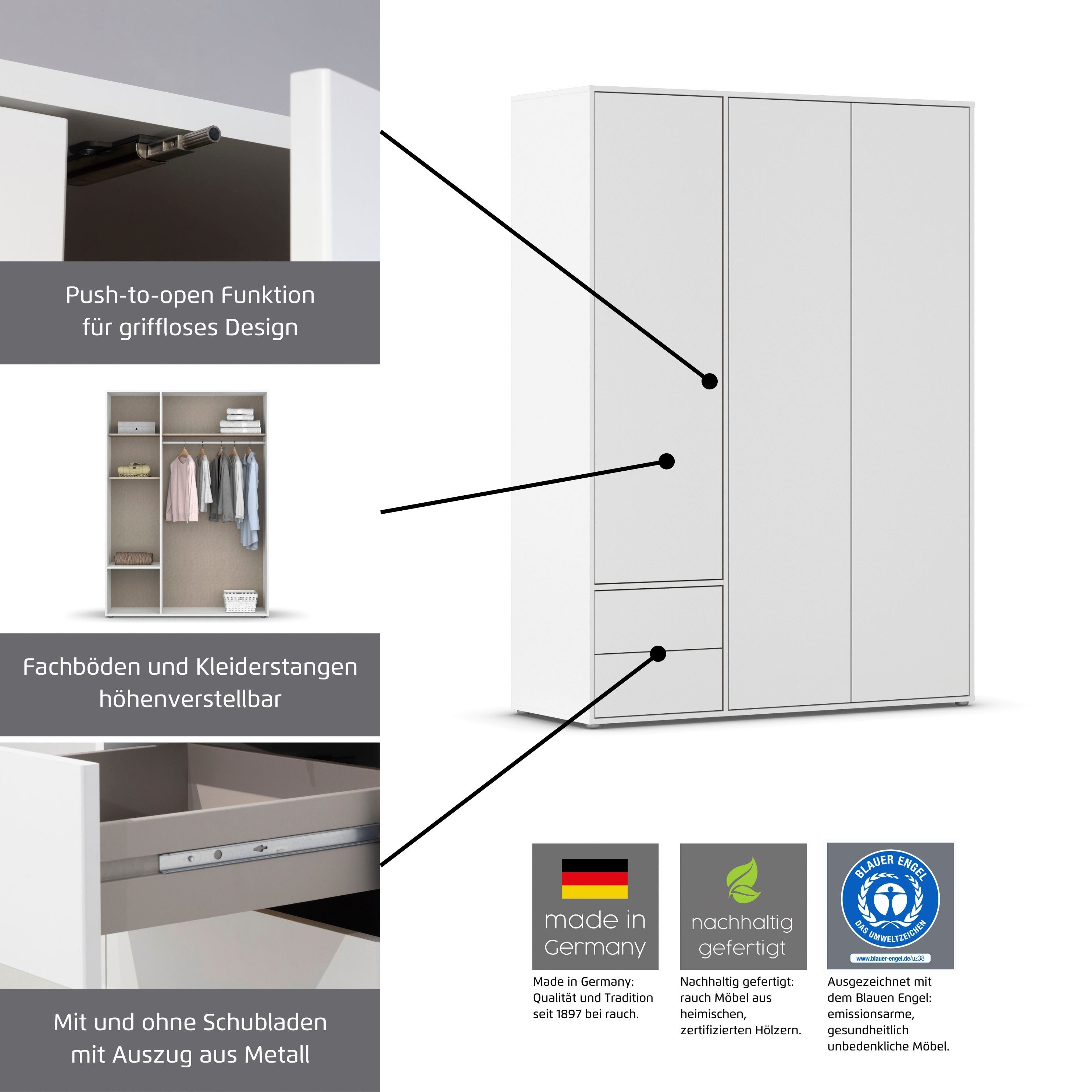 rauch Drehtürenschrank Kleiderschrank Schrank Garderobe Wäscheschrank NABILA viel Stauraum (in 3 verschiedenen Ausstattungen BASIC/CLASSIC/PREMIUM) in 2 Breiten mit Push-to-Open Funktion TOPSELLER MADE IN GERMANY