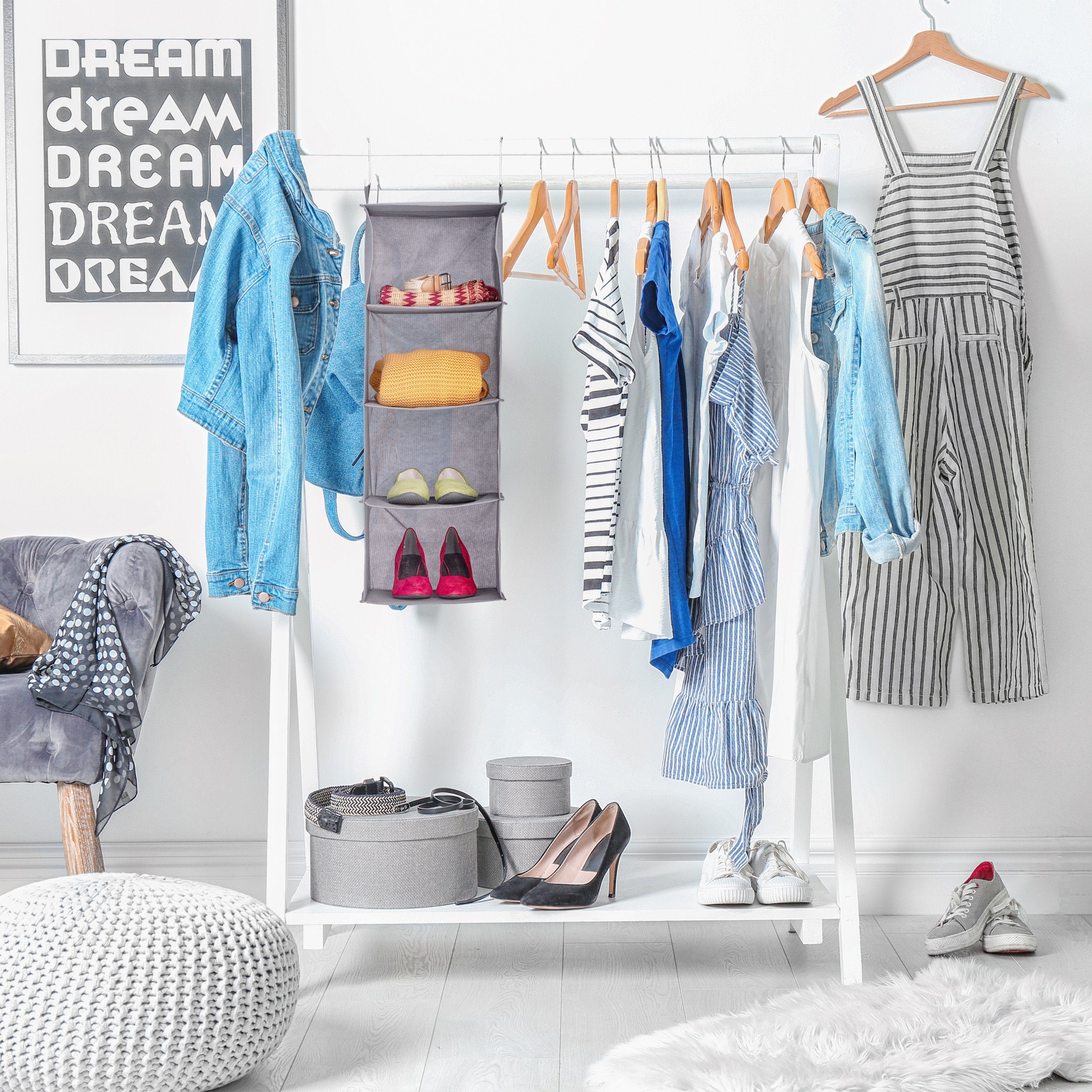 relaxdays Hängeregal Kleiderschrank 4 Fäch, Grau günstig online kaufen