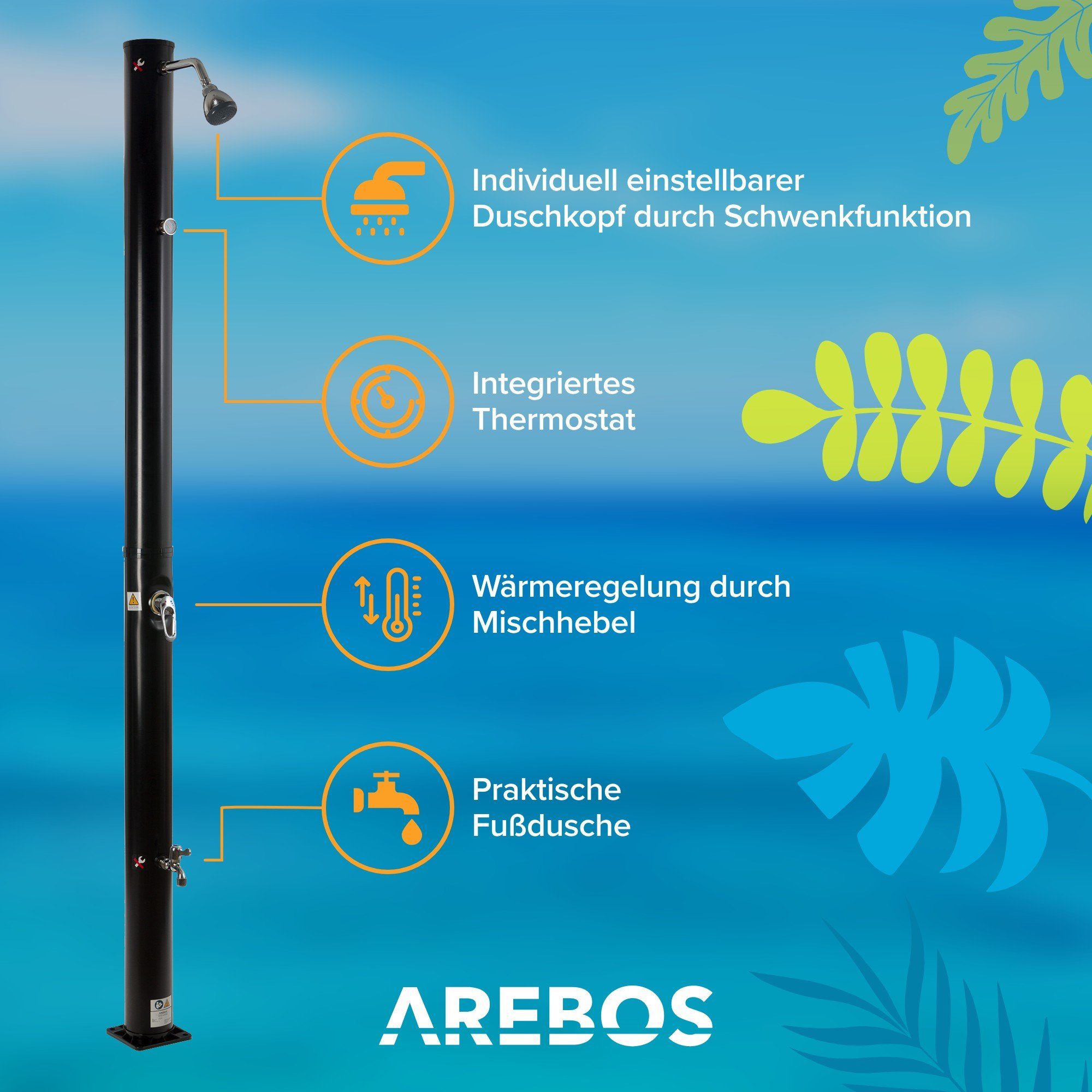Arebos Solardusche 20 L Solar-Gartendusche mit Thermometer & Fußdusche (Komplett-Set), inkl. Abdeckhaube