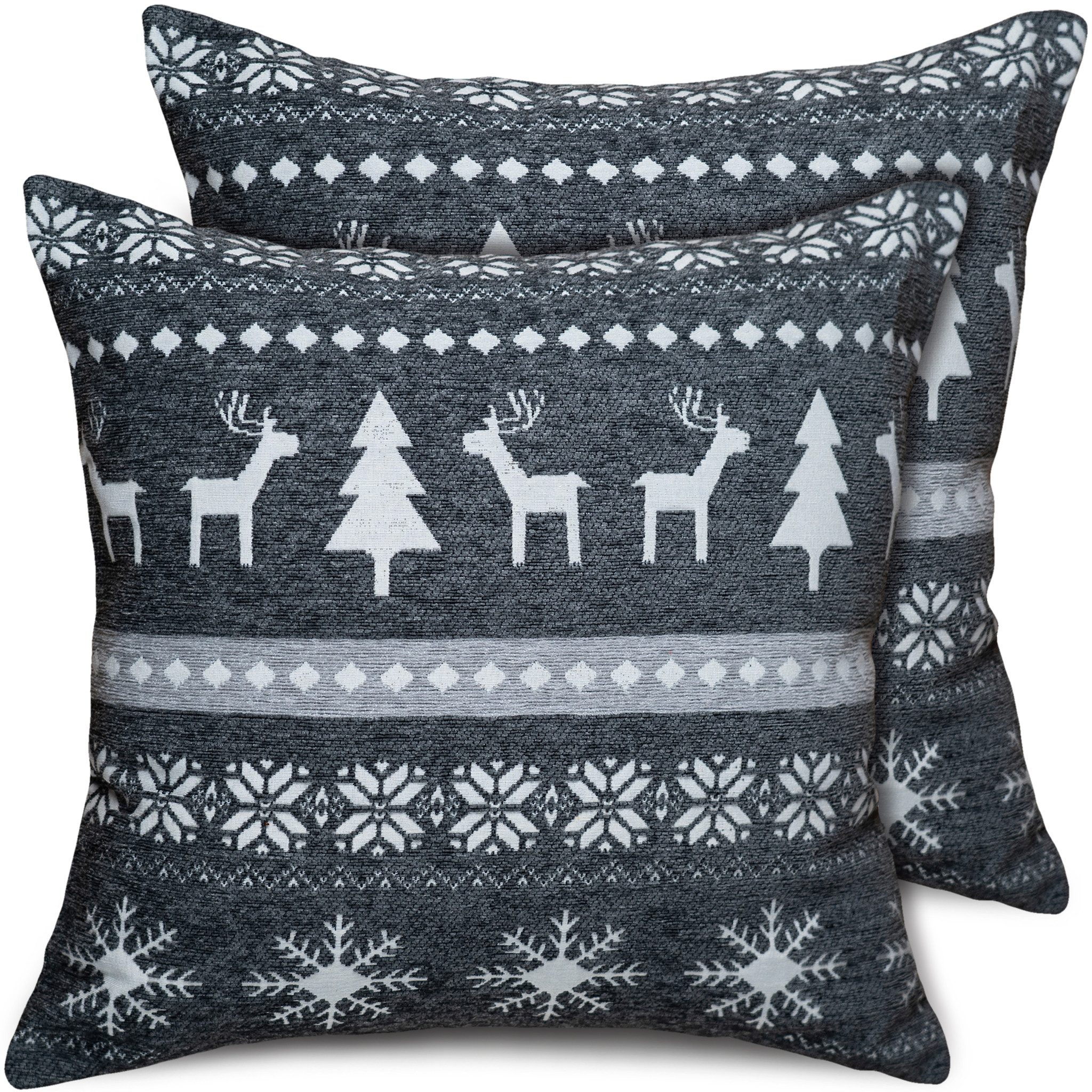 matches21 HOME & HOBBY Kissenbezüge 2er Set Kissenhüllen 45x45 cm Elche & Muster grau als Weihnachts-Deko, (2 Stück), Zierkissen-Bezüge für Sofa-Kissen, Couch-Kissen