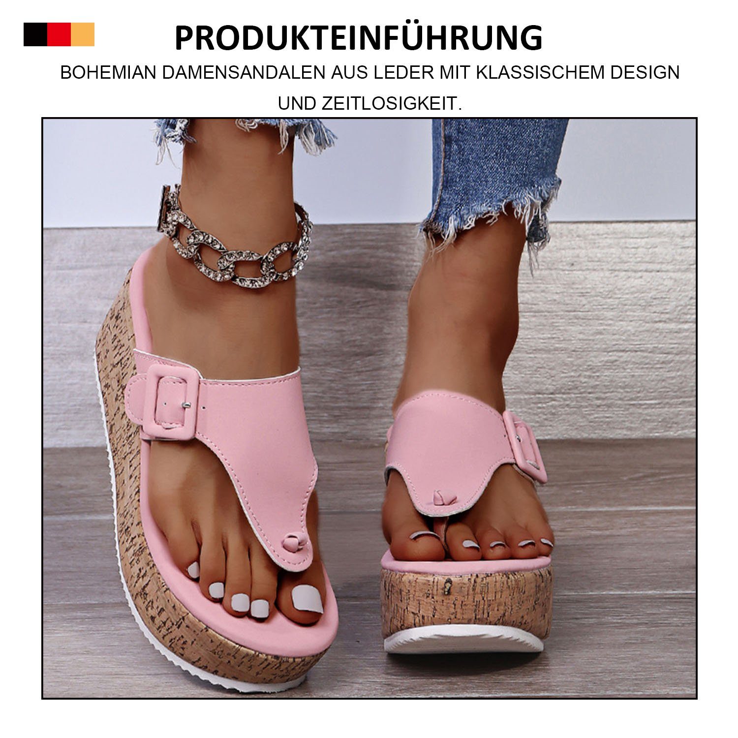 MAGICSHE Pantolette aus Leder Römische Zehentrenner Flip-Flops Strandsandalen Rosa Keilabsatz mit