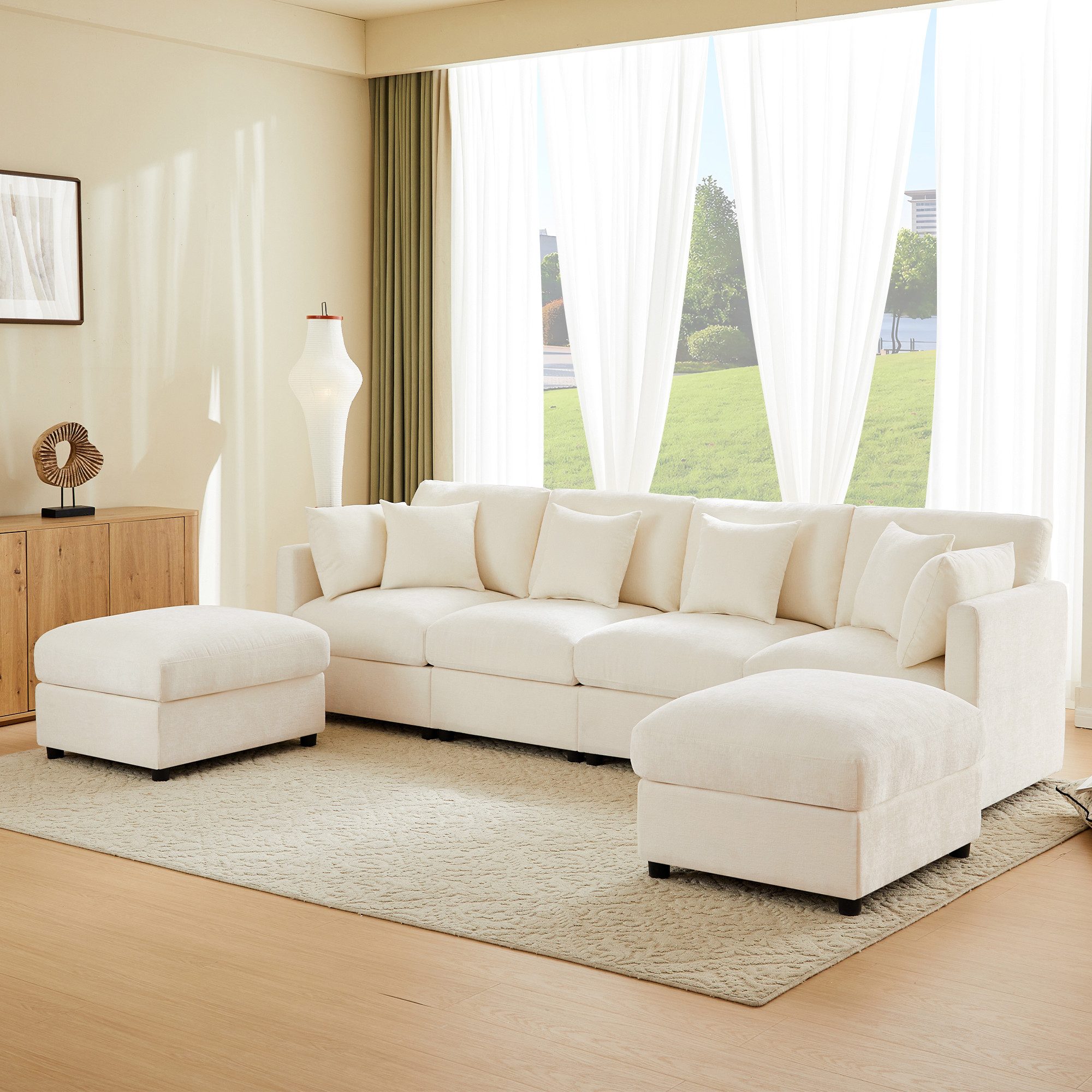 MODFU Wohnlandschaft Inklusive 2 Hockern & verstellbaren Armlehnen, Modulares Design für individuelle Raumkonzepte 1 Teile, Beiges Ecksofa 284x156,5x86 cm aus Chenille