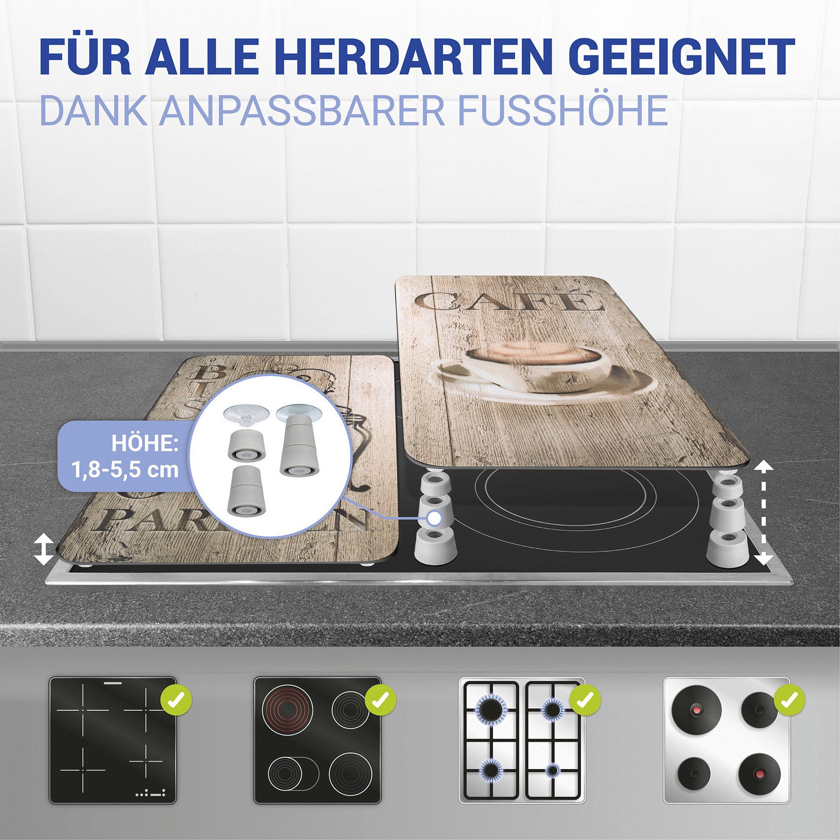 WENKO Herd-Abdeckplatte Universal Modell Bistro, Glas, (Set, 2 tlg), Herdabdeckung für alle Herdarten, kratzfest, mit rutschfesten Füßen