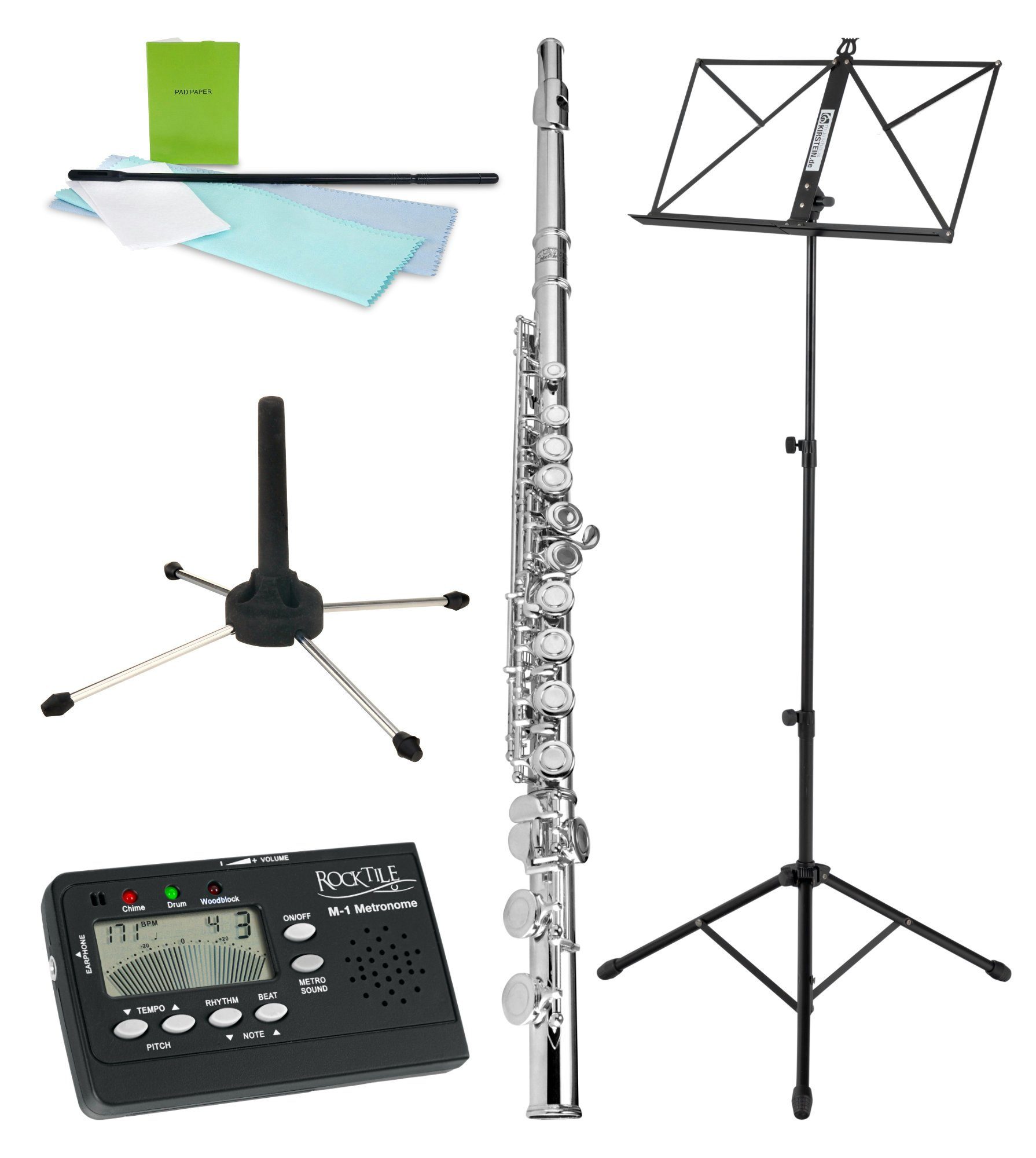Classic Cantabile Querflöte FL-200 Querflöte komplett aus Neusilber C, inkl. Ständer, Metronom, Notenständer & Pflegekit
