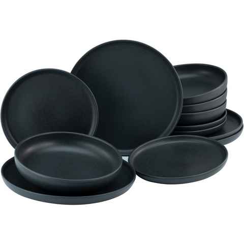 CreaTable Tafelservice Geschirr-Set Uno Black (12-tlg), 4 Personen, Steinzeug, Service, schwarz, seidenmatte Spezialglasur,12 Teile, für 4 Personen