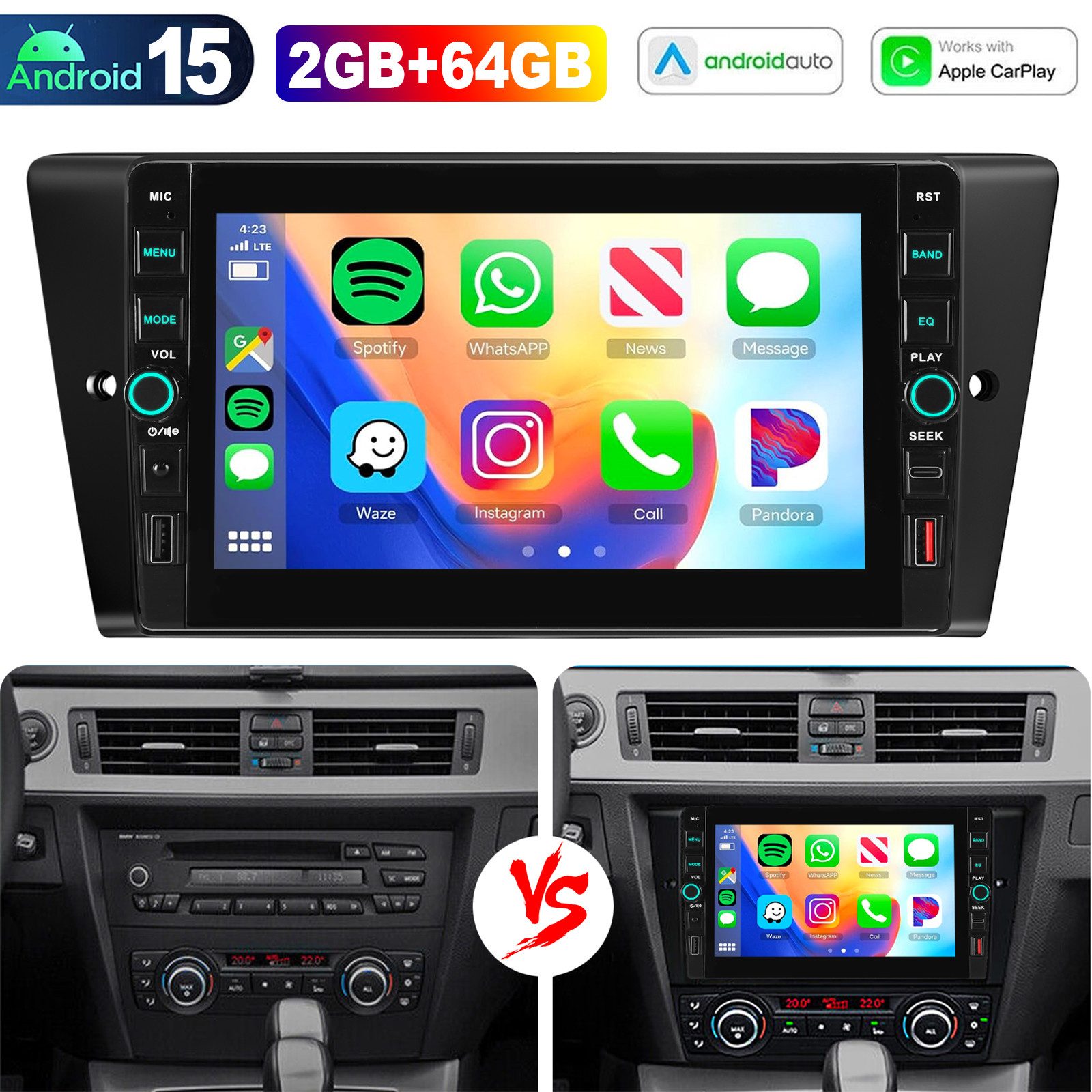 ESSGOO DAB+ Android 15 64G Für BMW 3er E90 E91 E92 E93 Carplay Autoradio NAVI Autoradio (RDS, BT, 4+64GB(optional), Digitalradio (DAB), FM, SWC, Apple Carplay Android Auto GPS Navi WIFI BT EQ Mit USB- und Type-C)