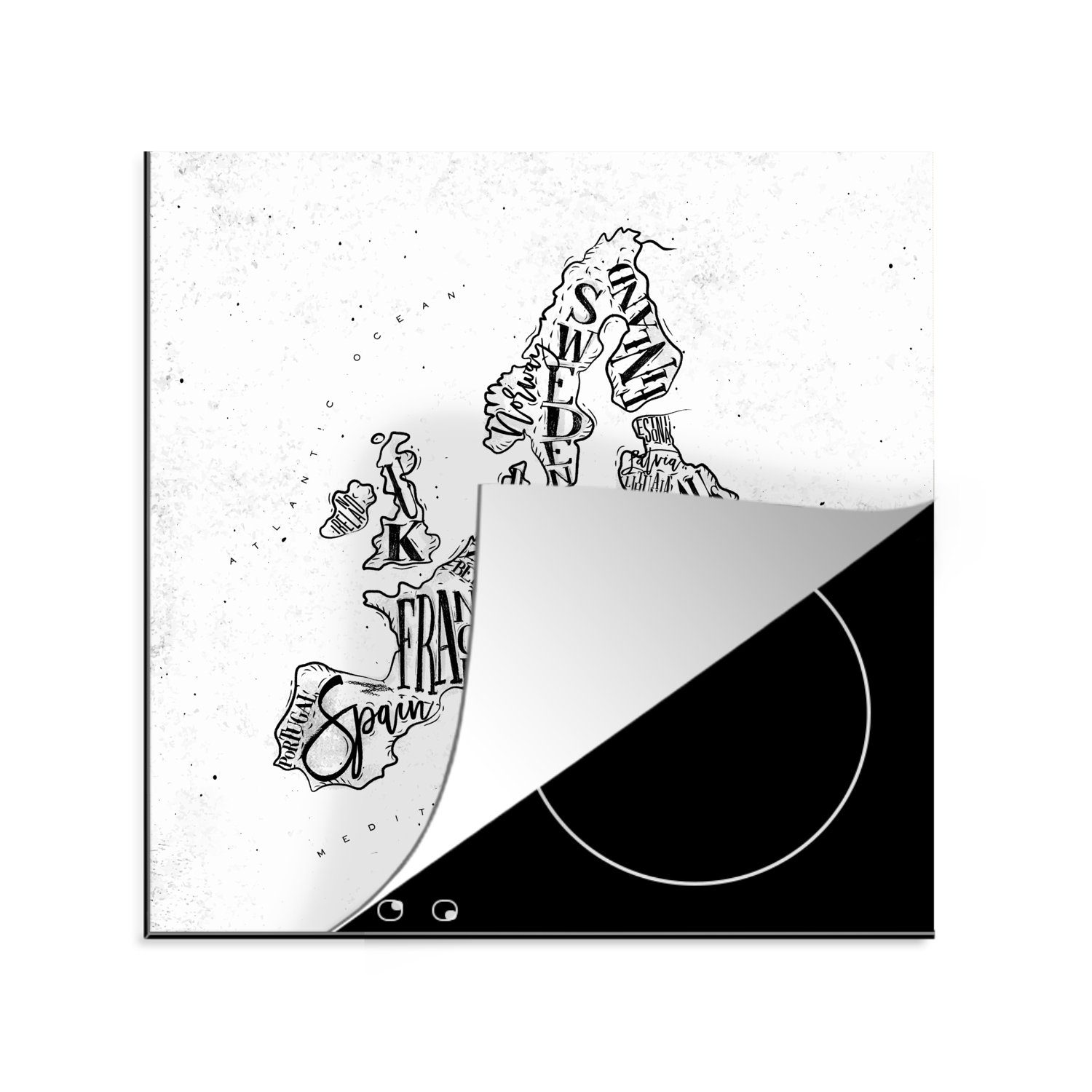 MuchoWow Herdblende-/Abdeckplatte Karte - Europa - Schwarz - Weiß, Vinyl, (1 tlg), 78x78 cm, Ceranfeldabdeckung, Arbeitsplatte für küche