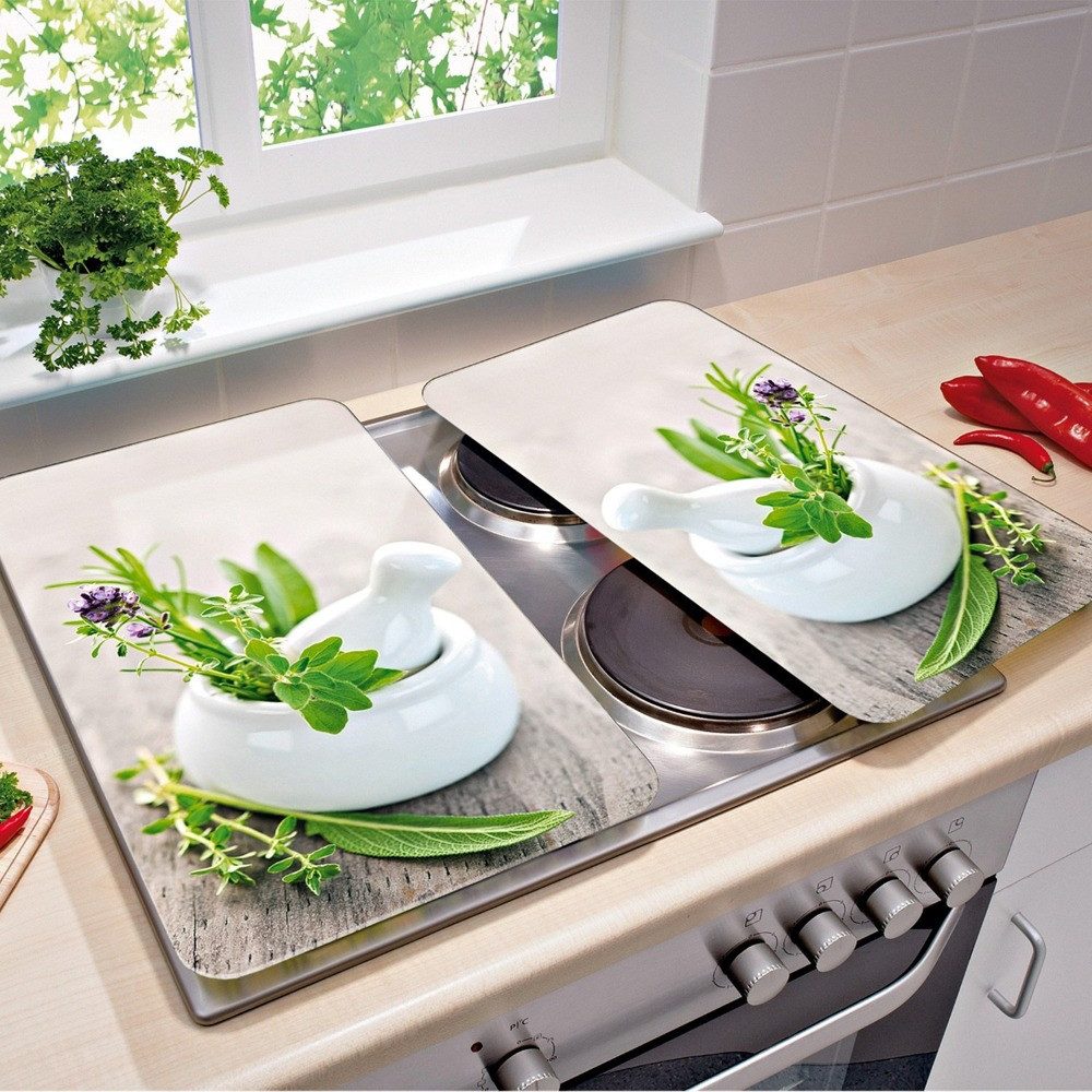 WENKO Herd-Abdeckplatte Herdabdeckplatten HERB GARDEN aus Glas – 2 Stück, Glas, (2er-set, bestehend aus 2 Herdabdeckplatten)