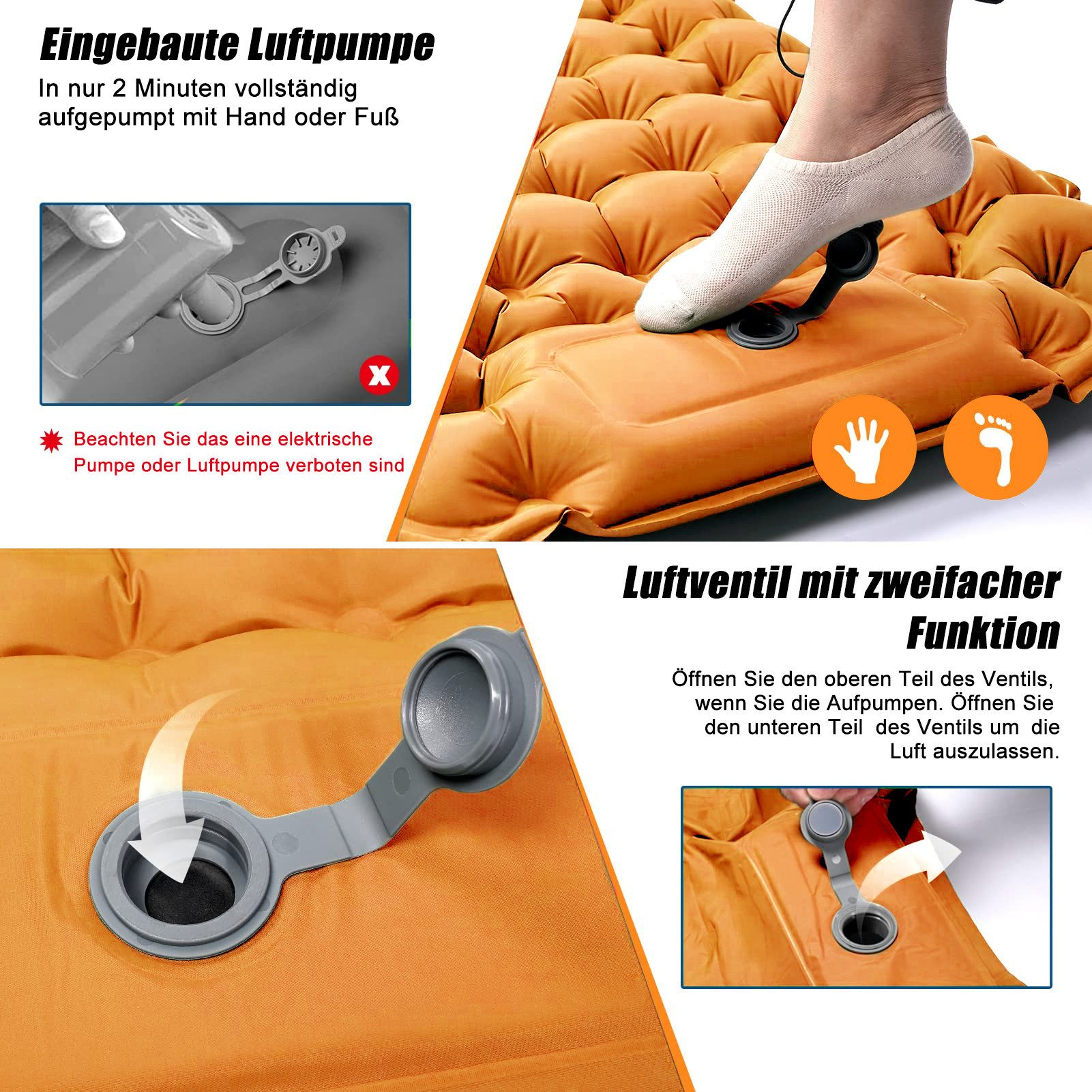 CALIYO Isomatte 2-Tlg Isomatte Outdoor, Isomatte Ultraleicht, Isomatte Camping Outdoor, (2-tlg., Isomatte Camping mit Fußpresse Pumpe und Kissen), erschleißfest/wasserabweisend/reißfestigkeit