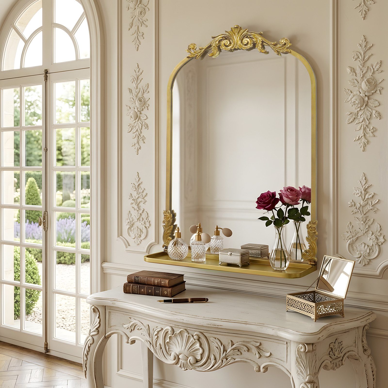 G-LEAF Wandspiegel Gold Barock Spiegel im Bogenform, mit Ablage (1-St), mit Relief-Krone, Antik-Stil Metallspiegel für Badezimmer, Flur