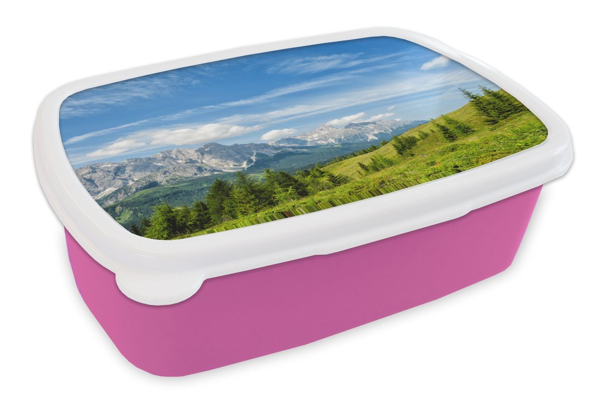 MuchoWow Lunchbox Alpen - Berge - Gras, Kunststoff, (2-tlg), Brotbox für Erwachsene, Brotdose Kinder, Snackbox, Mädchen, Kunststoff rosa