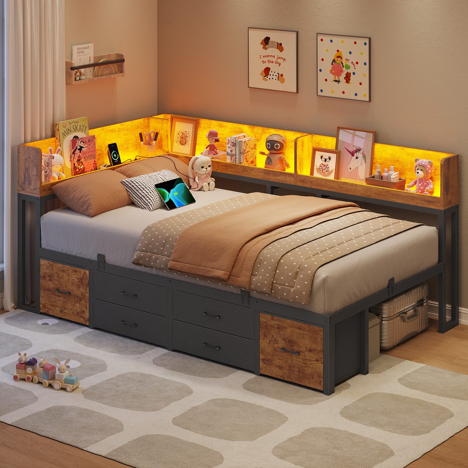 MSMASK Daybett Schlafsofa mit LED-Beleuchtung & Ladestation, Jugendbett Kinderbett, mit Integriertem Bücherregal & 6 Schubladen, 90x200cm