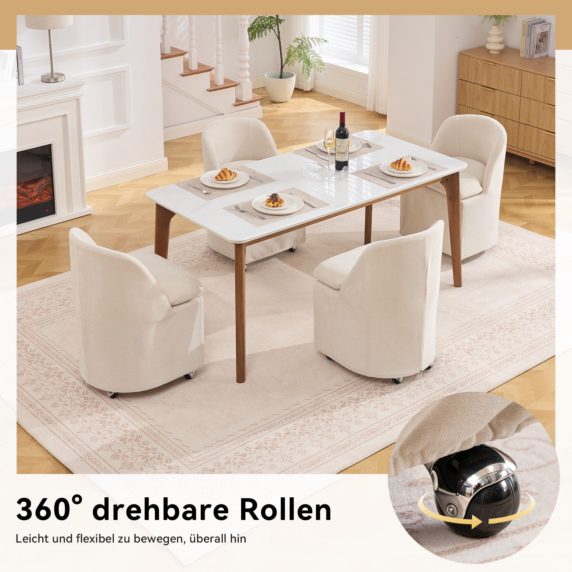 BlingBin Polsterstuhl 2er-Set Esszimmerstühle, Küchenstühle, weich gepolstert mit Chenille (2 Stück, 2 St), Polsterstuhl mit Universalrollen, Rückenlehne, abnehmbarem Bezug