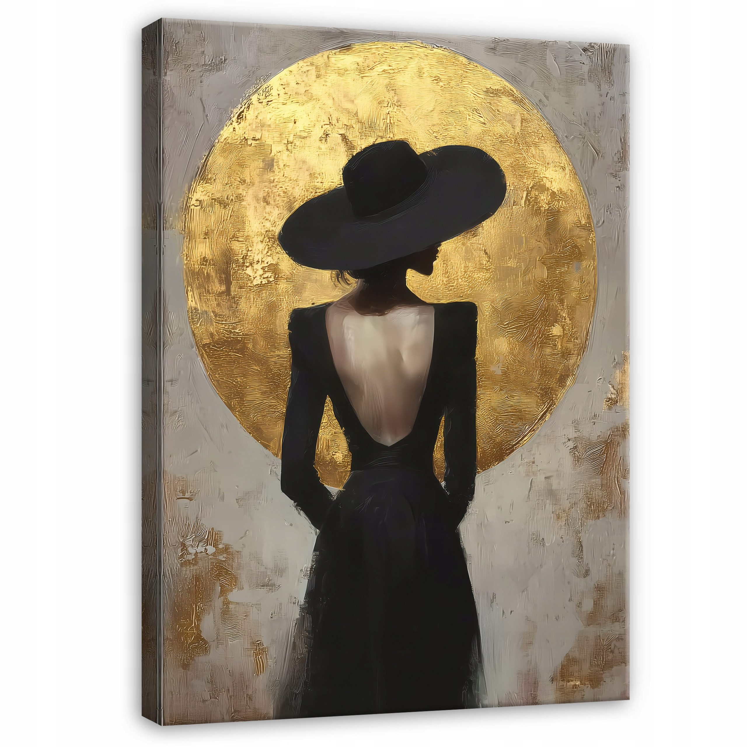Wallarena Leinwandbild Silhouette mit Hut in Gold auf Leinwand für Wohnzimmer, Frau (1 St), mit Holzrahmen wandfertig montiert für Schlafzimmer 75x100cm