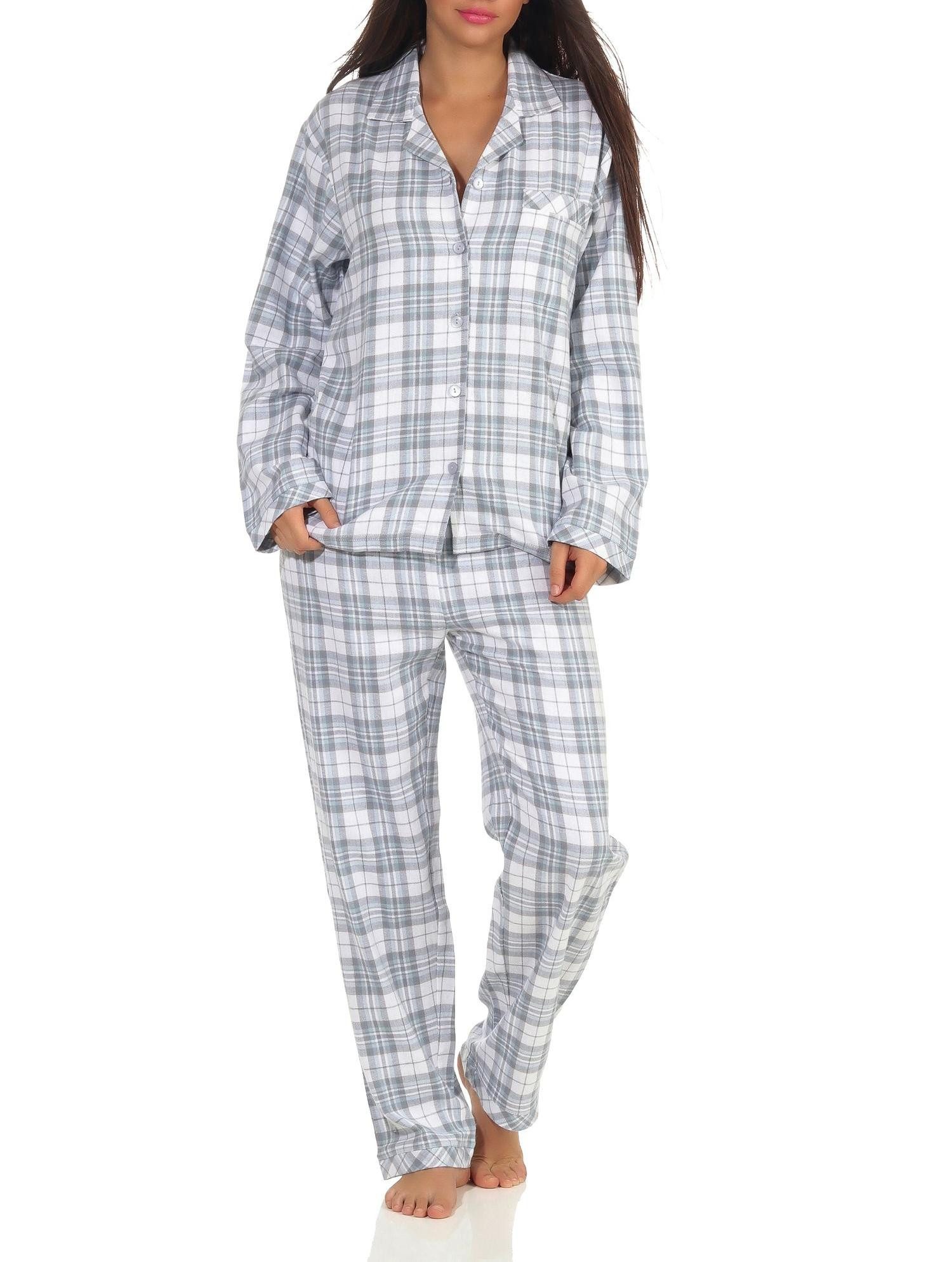 Normann Pyjama Damen langarm Flanell Schlafanzug kariert - 202 15 602