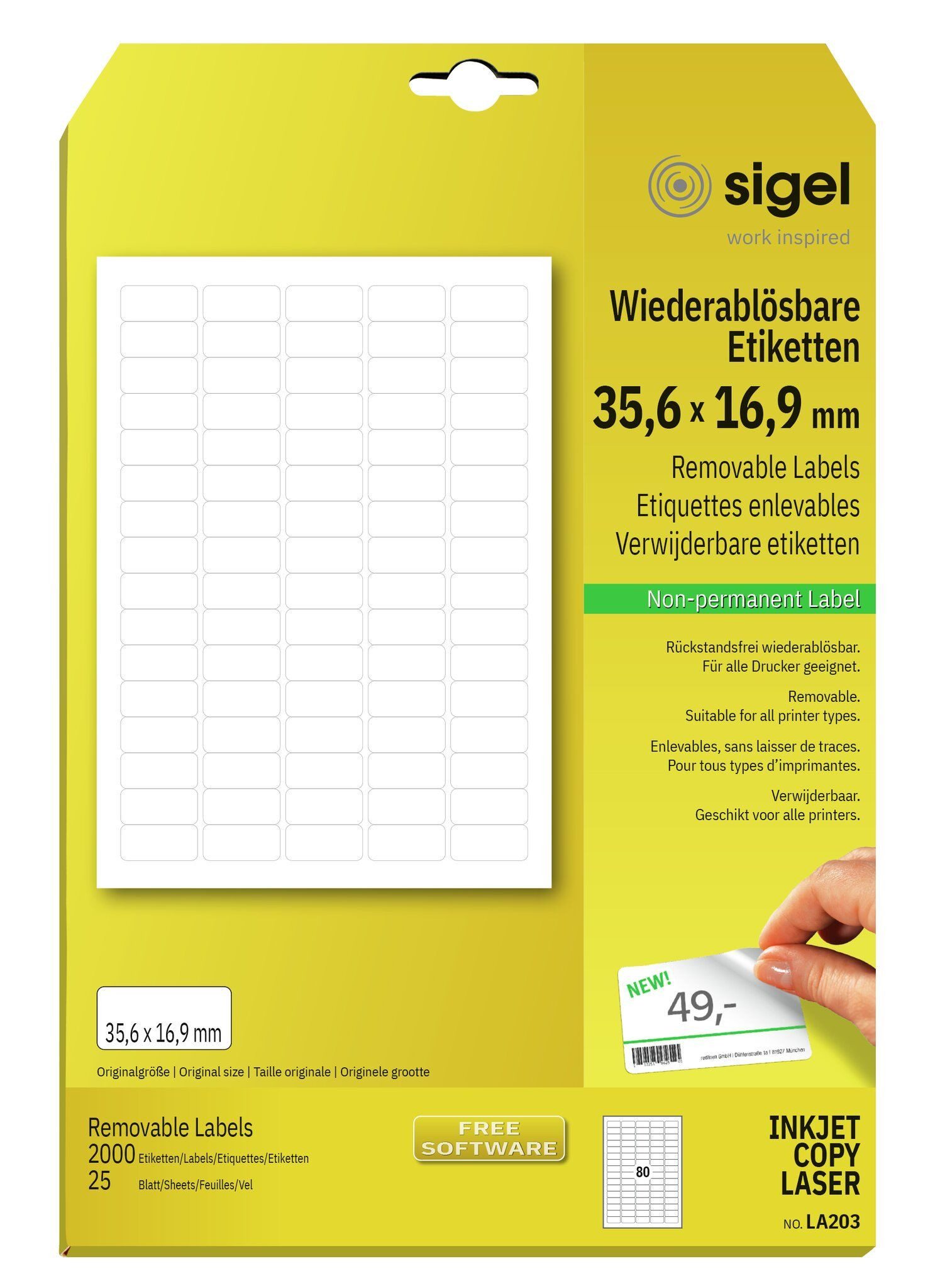 Sigel Etikettenpapier SIGEL LA203 Etiketten - weiß - wiederablösbar - 35.6 x16,9 mm - 70
