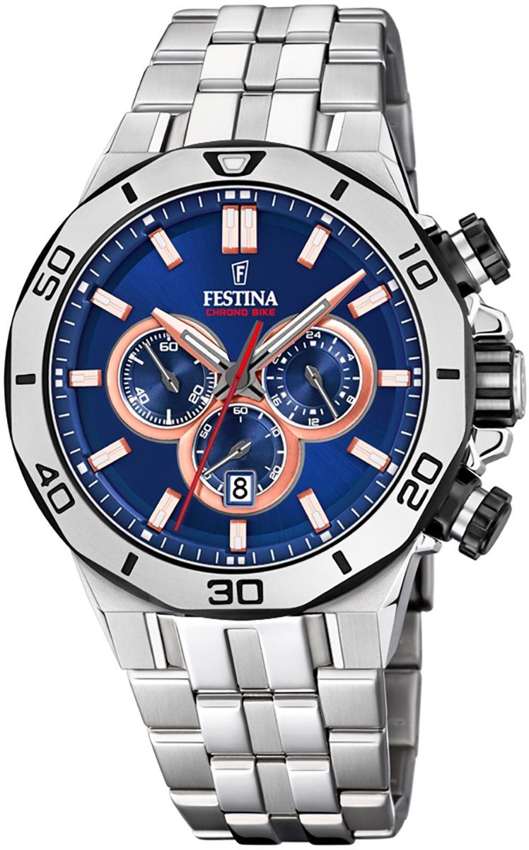 Festina Chronograph Festina Herren Uhr F20448/1 Edelstahl, Herren Armbanduhr rund, Edelstahlarmband silber