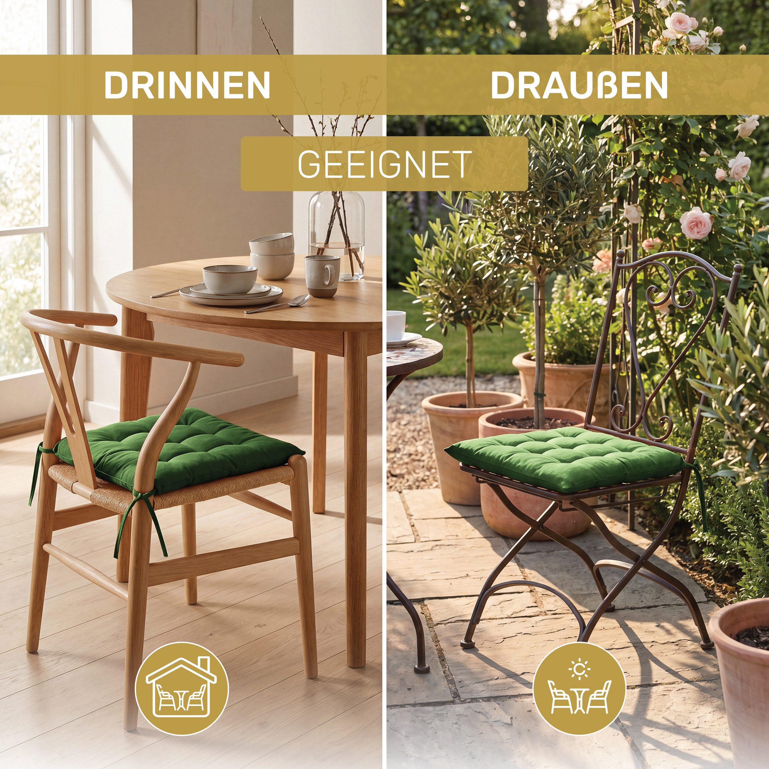 Lavea Stuhlkissen Lavea® Sitzkissen & Stuhlkissen 40x40 cm – 4er/8er Set, 40x40x3 cm, mit Stoffbändern, Indoor & Outdoor, für Garten & Balkon