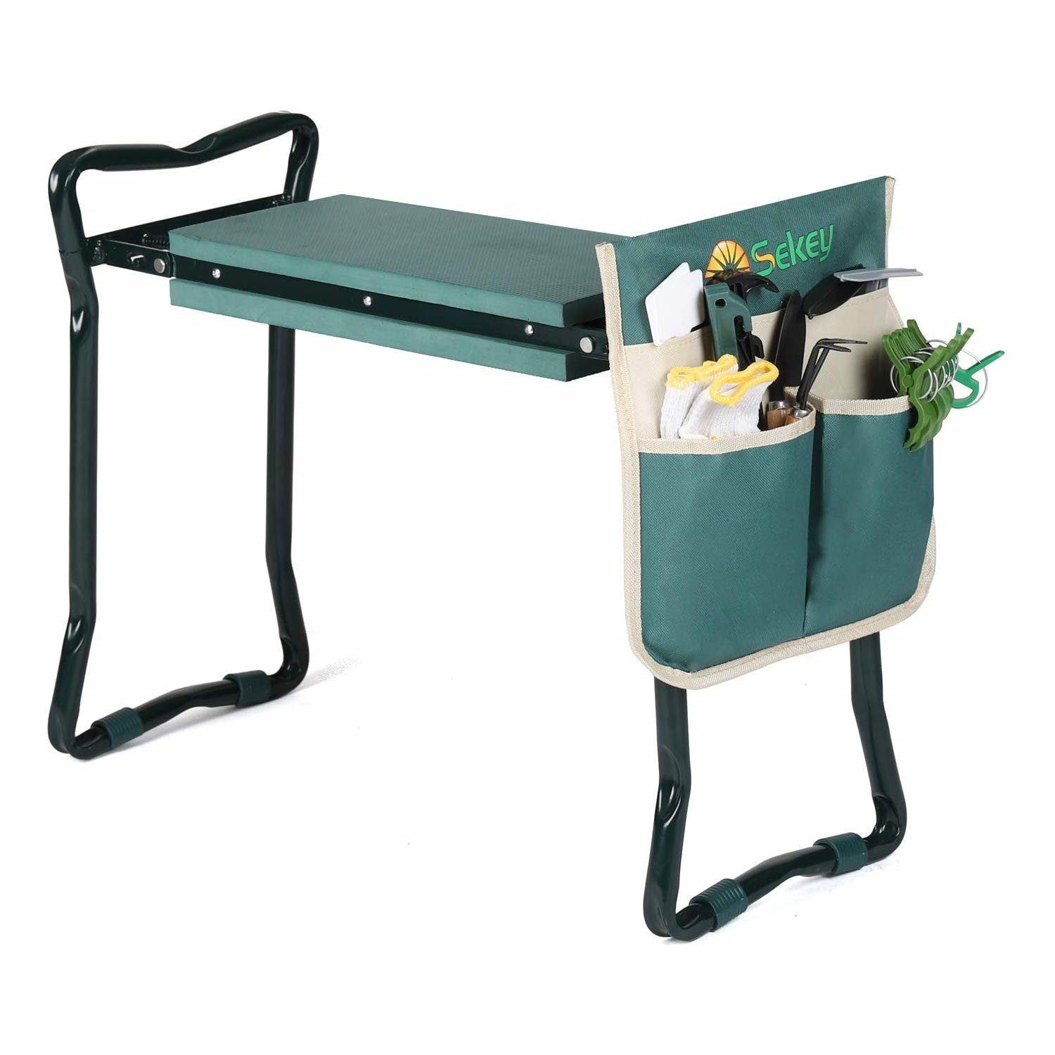 Sekey Kniebank 2 in 1 XXL Kniebank für Gartenarbeit Gepolstert Gartenhocker Klappbar, 2 in 1 Höhenverstellbar Gartenbank mit Werkzeugtasche 60 x 49 x 27,5cm