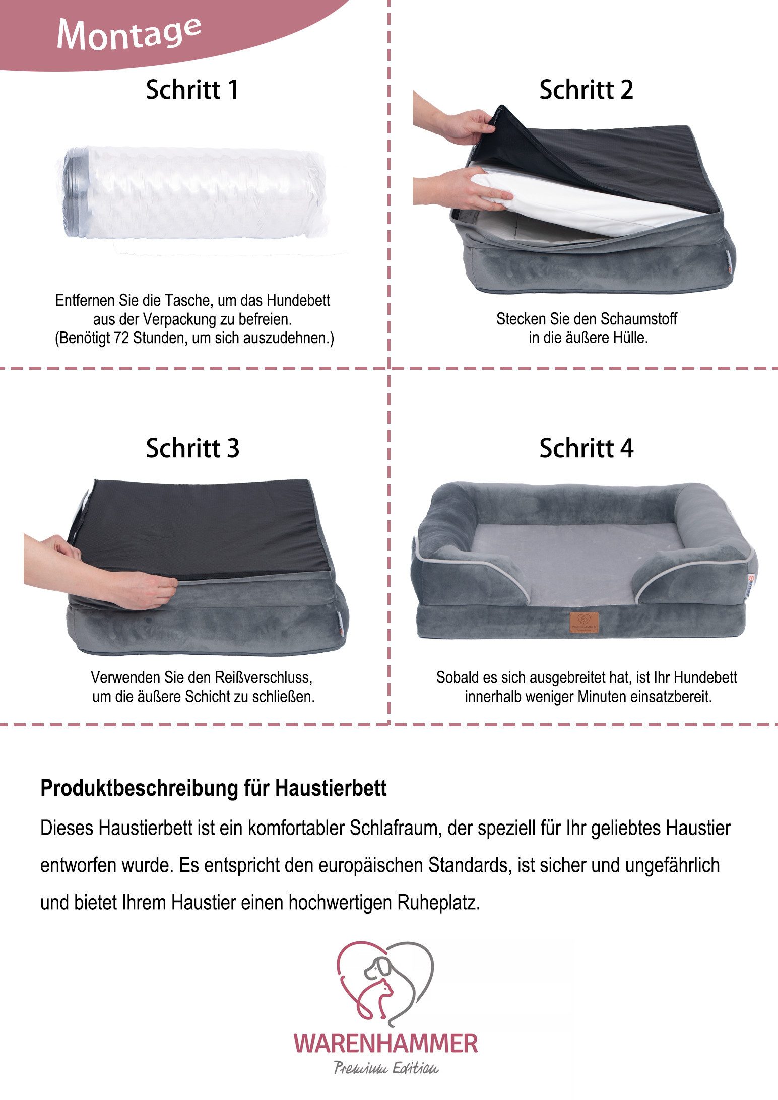 Warenhammer Tierbett Premium Hundebett, Orthopädisch, flauschig weich, abnehmbar, waschbar, mit druckminderndem Liegekomfort, verschiedene Grössen