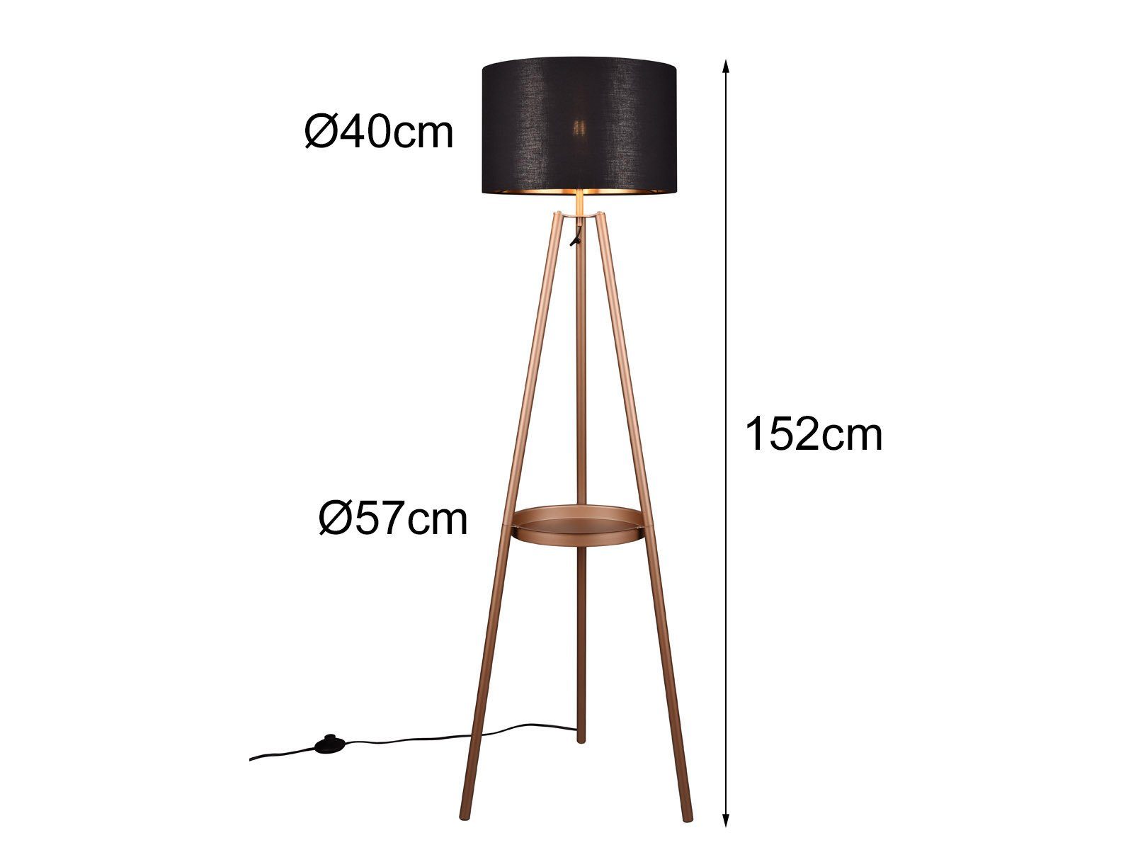 ausgefallene warmweiß, Schwarz/Gold Ablagetisch, H Ablage-tisch meineWunschleuchte moderne Gold-en, Stehlampe, mit LED Tripod LED wechselbar, 152cm dimmbare