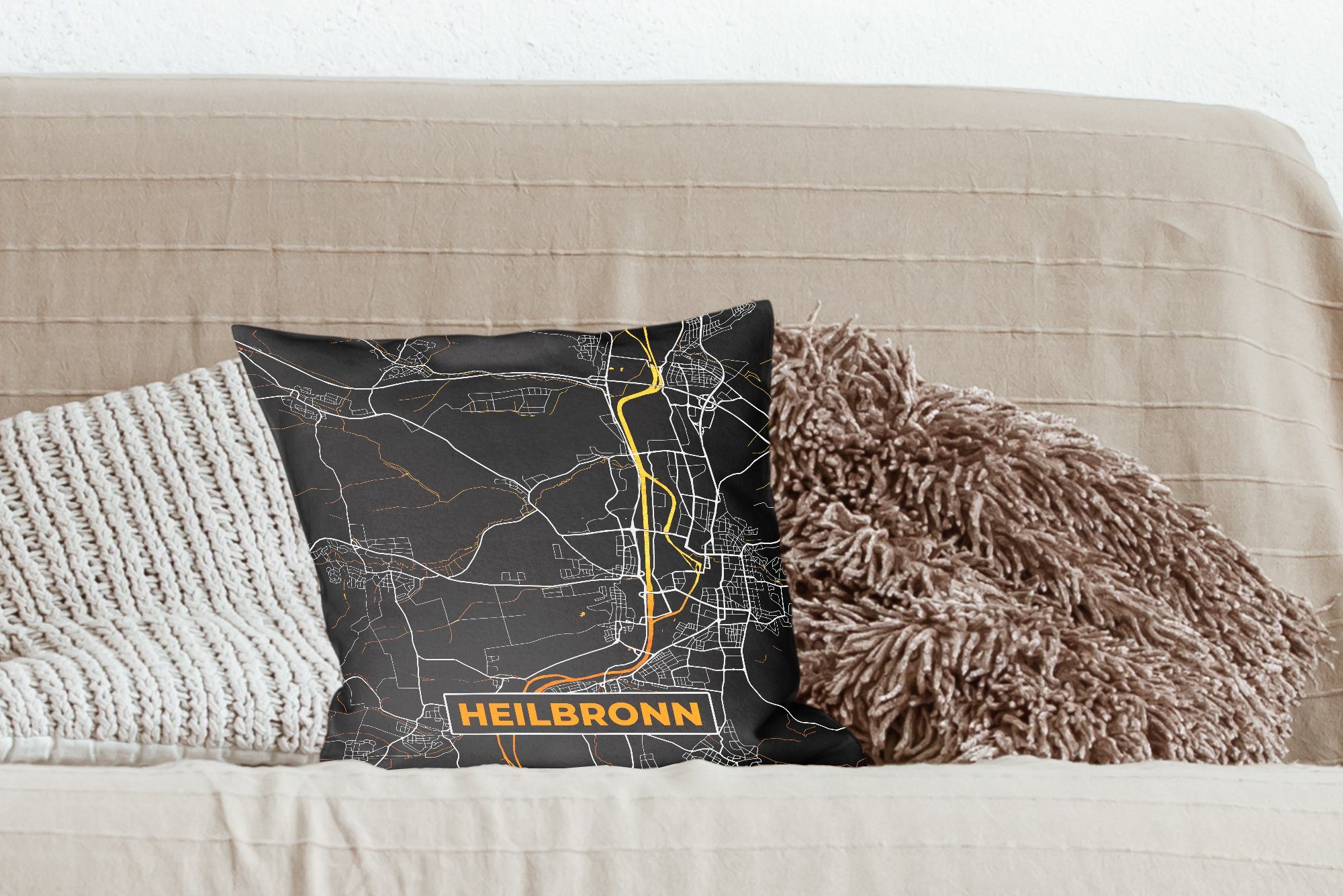 Karte Wohzimmer, Stadtplan Dekokissen MuchoWow Schlafzimmer, - mit - Deutschland Füllung Gold, Sofakissen Deko, - - Zierkissen für Heilbronn