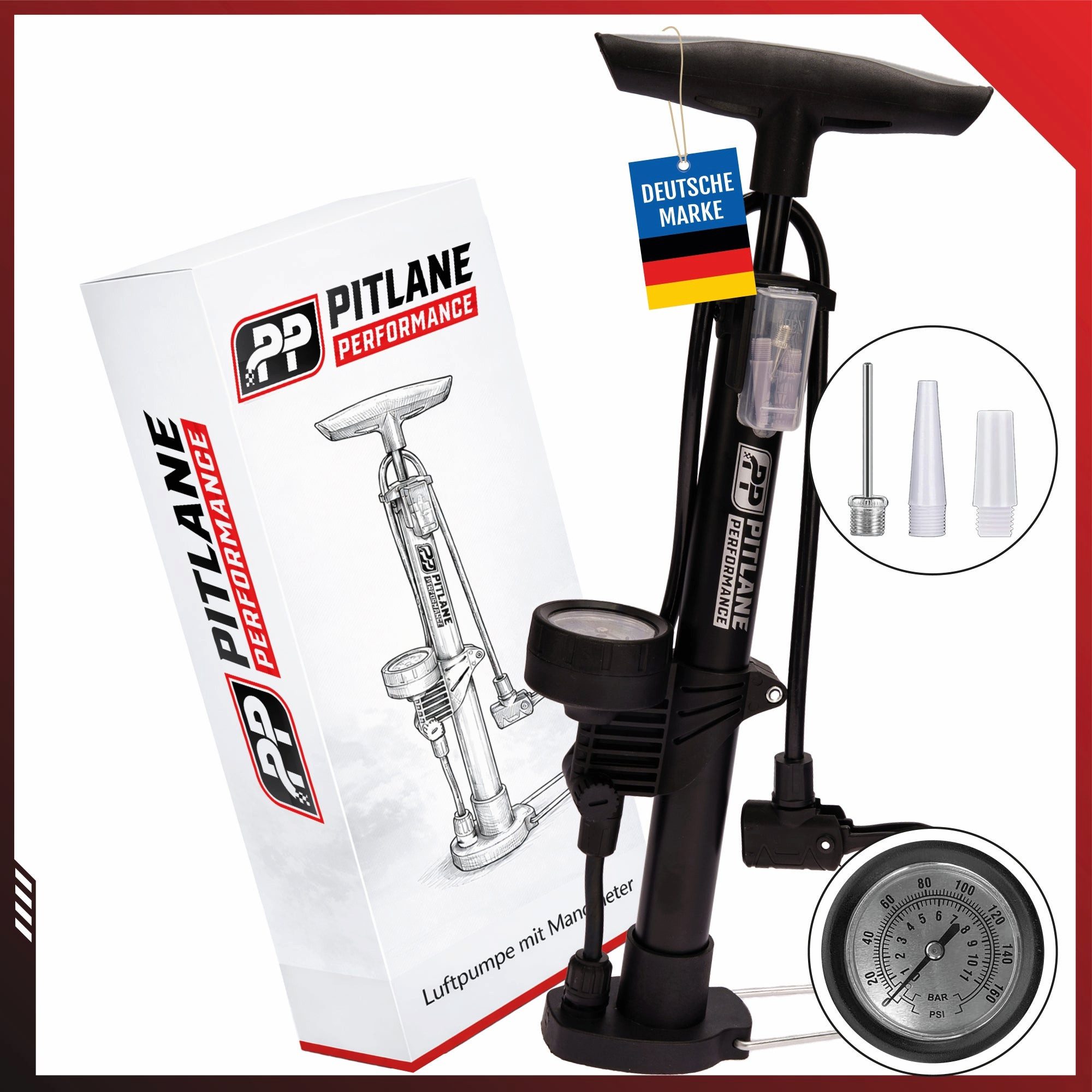 Pitlane Performance Standpumpe Fahrrad & Luftpumpe Auto Fahrradpumpe bis 11 Bar für alle Ventile, Professionelle Bike Pump & Air Pump Luftpumpe Fahrrad Pumpe