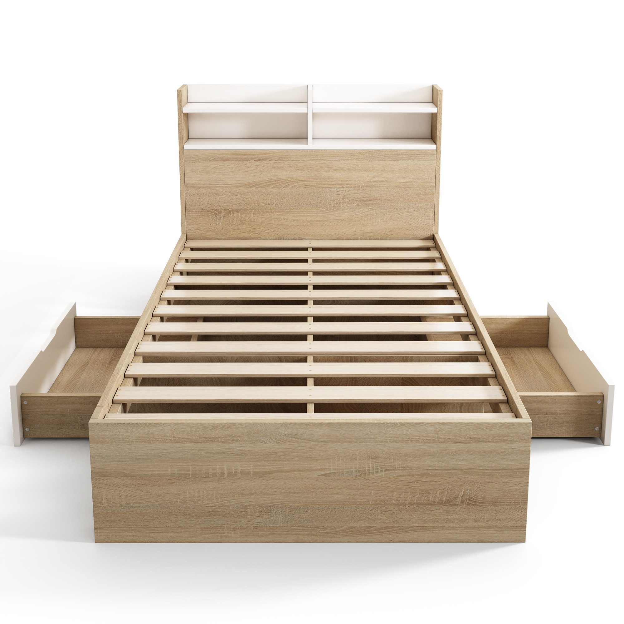 KLAM HOME Einzelbett Holz Einzelbett Mit Schubladen Und Stauraum Für Kleine Räume (Einzelbett 90x200 Mit Kopfteil Ablage Und Offenen Fächern), Zweifarbiges Massivholz Bett Weiß Eiche Praktisches Stauraumbett