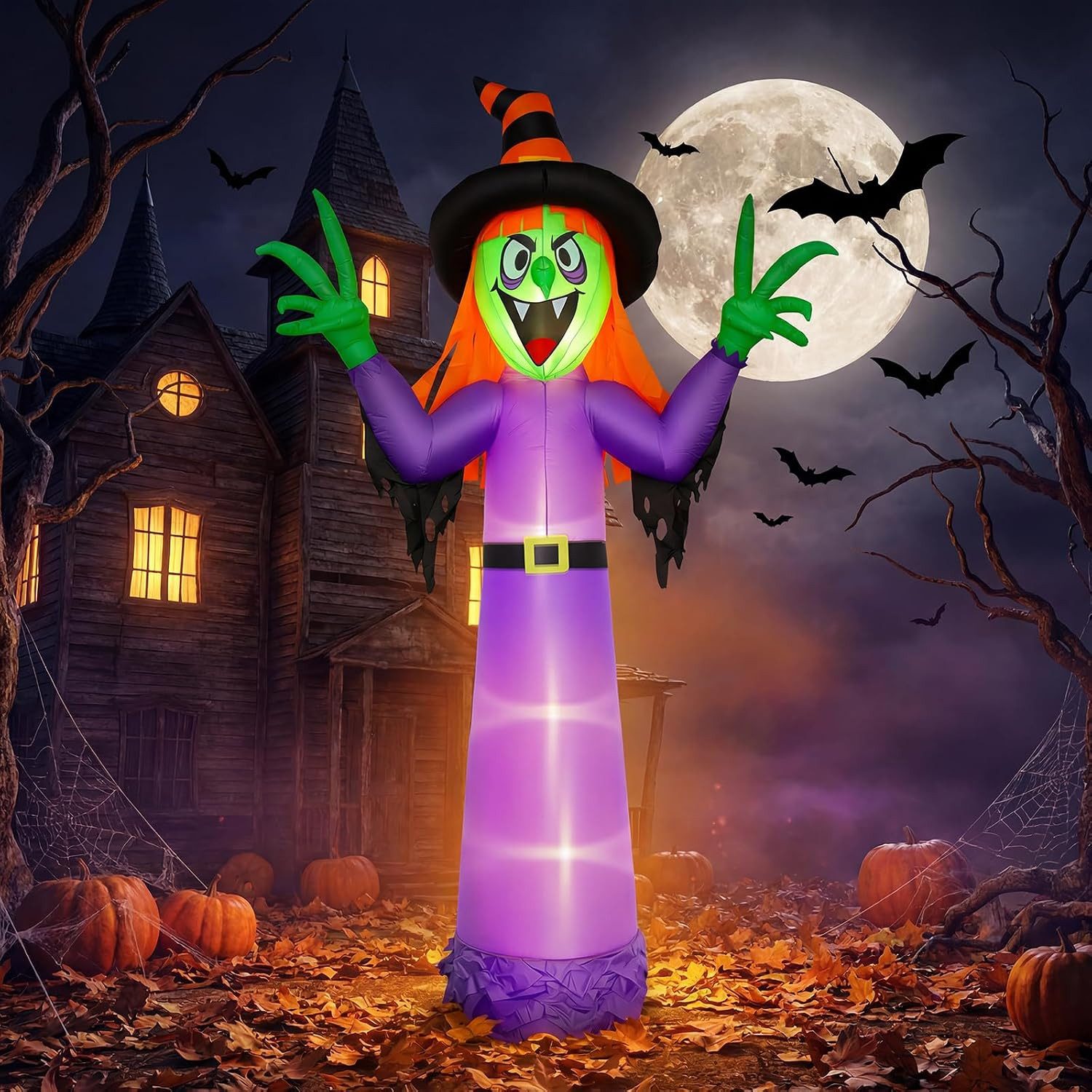 GarveeMore LED-Dekofigur 357 cm Halloween Aufblasbare Hexe mit LED-Beleuchtung, Outdoor-Deko, 357 cm, aufblasbar, Hexe, LED, Taftgewebe, Erdspieße, Halloween
