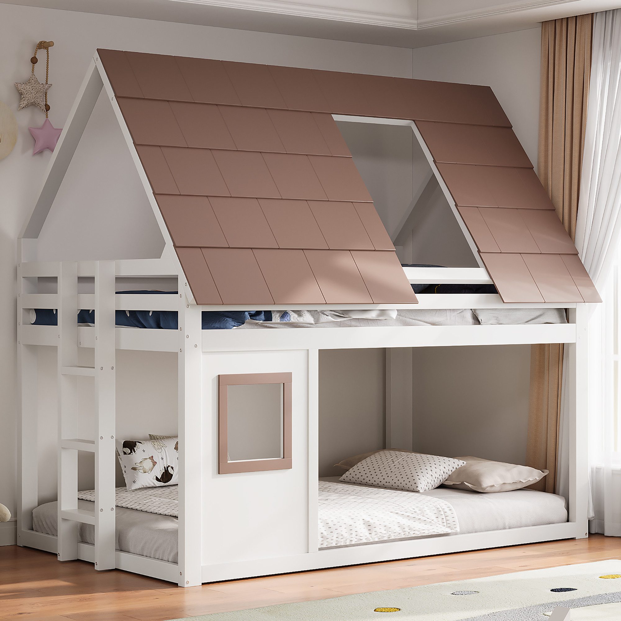 Flieks Etagenbett, Hausbett Kinderbett 140x200cm mit Dach, Fenster und Leiter