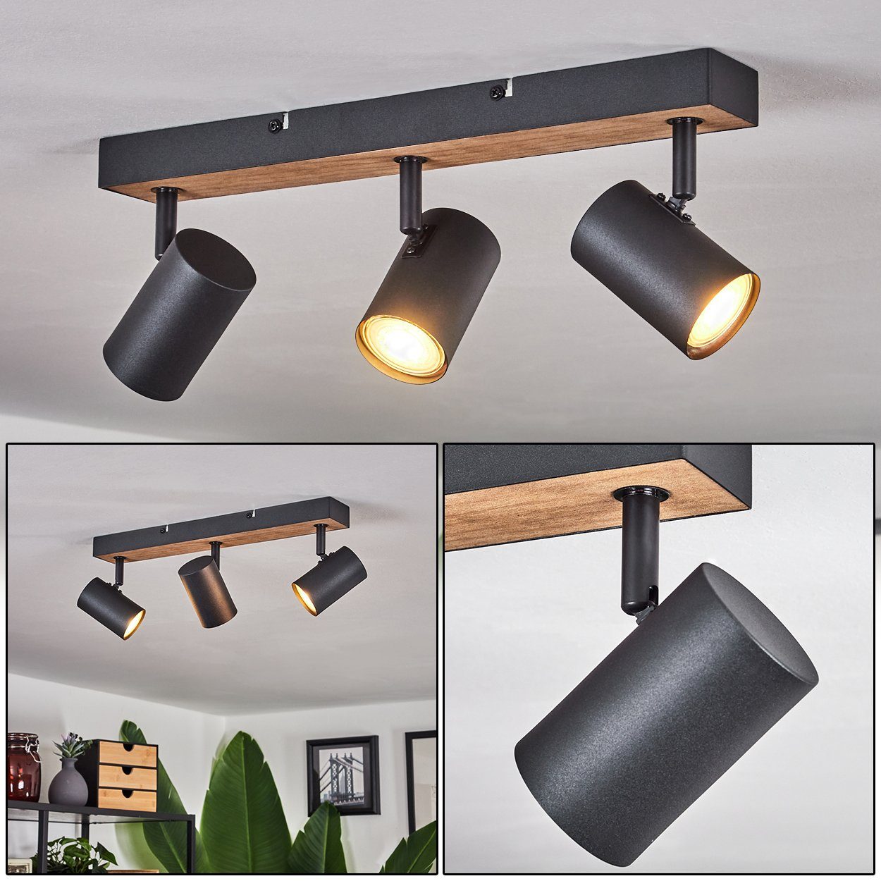 hofstein Deckenleuchte »Gambellara« Deckenlampe aus ohne max. Leuchtmittel, 3xGU10 Schwarz/Braun/Holzoptik, Strahlern, verstellbaren in Leuchte 25 Metall/MDF moderne mit