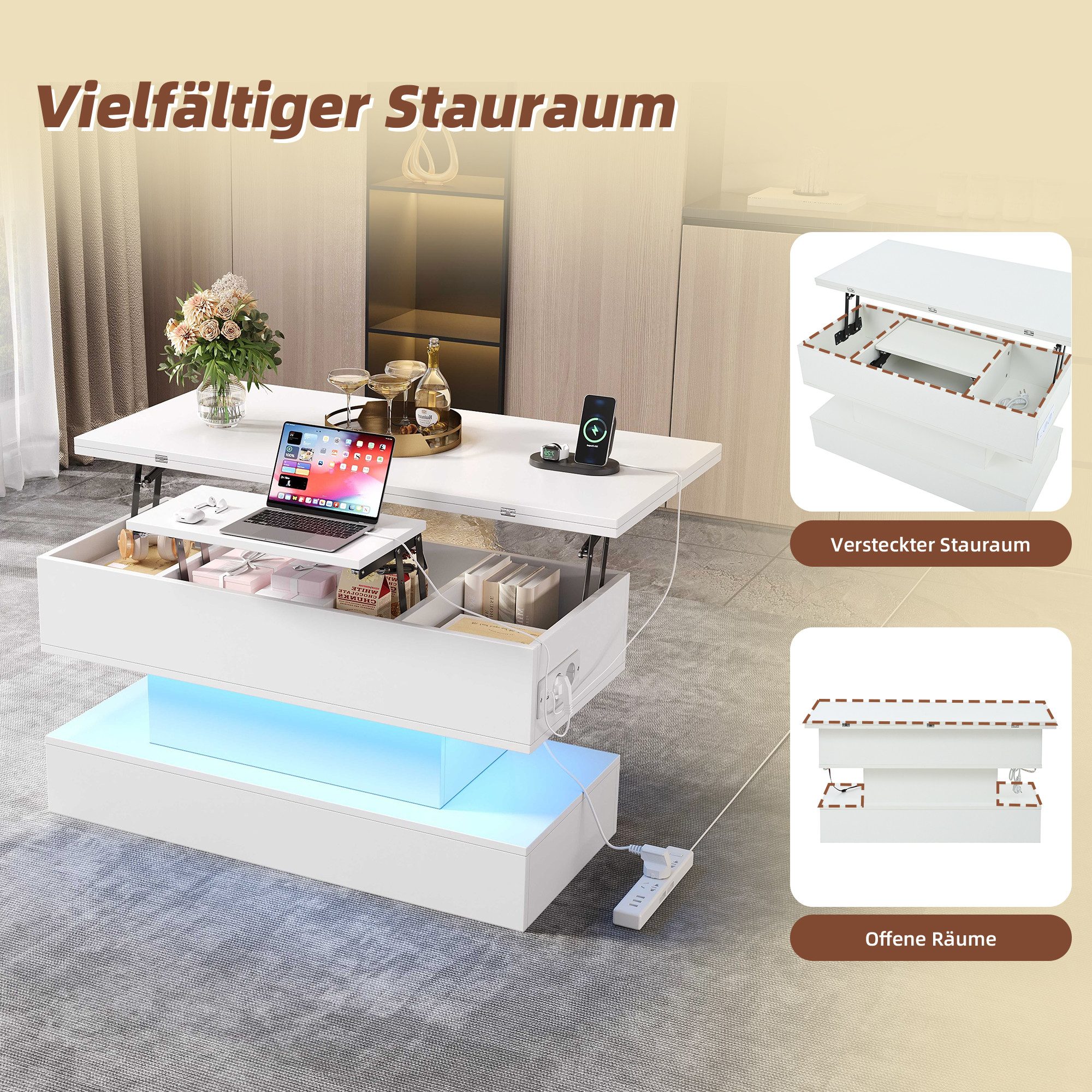 MODFU Couchtisch Sofatisch (höhenverstellbar Satztisch, Beistelltisch, 1-St., 100*50*51.5cm), mit LED, Steckdose, USB-C und USB-Ladebuchse