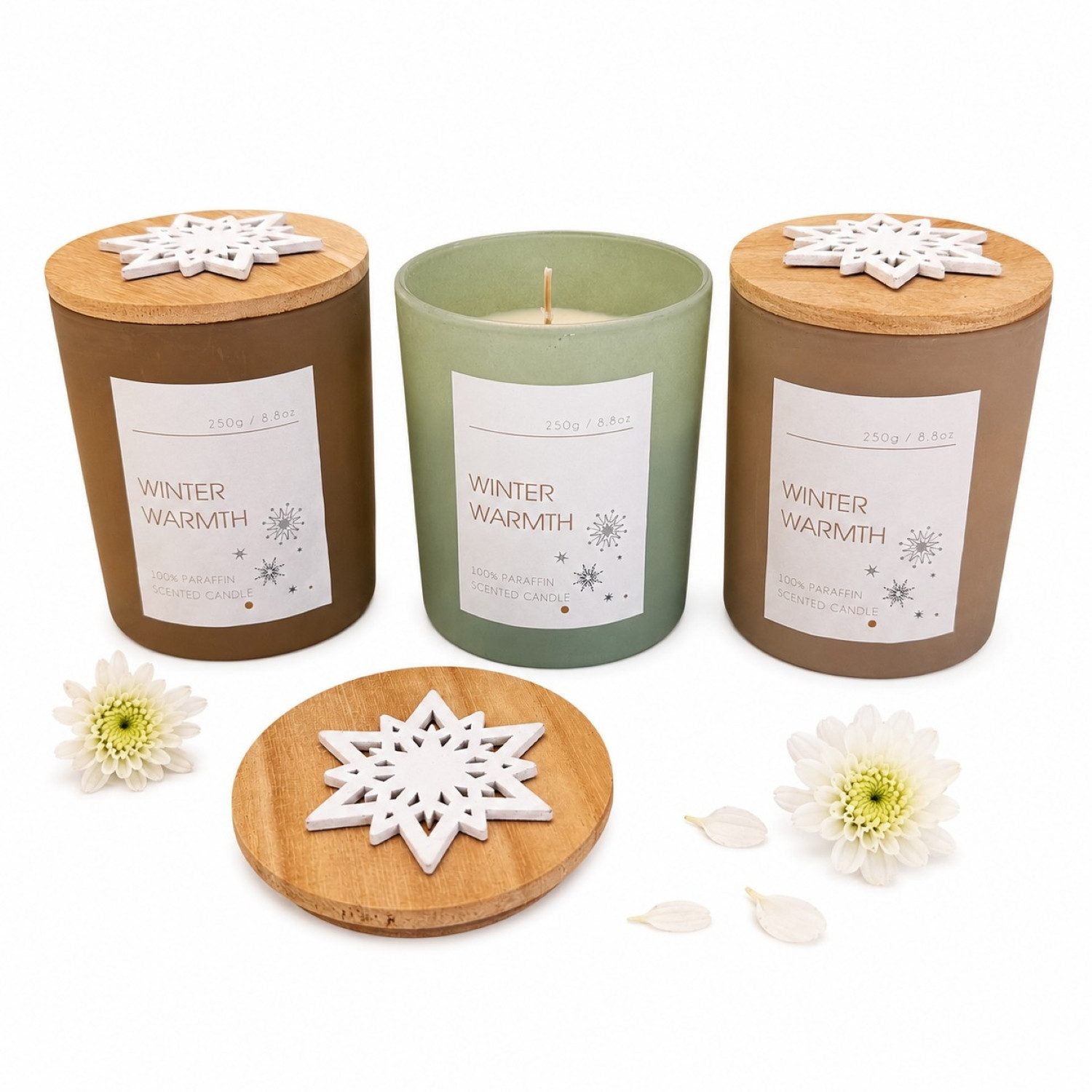 Online-Fuchs Duftkerze im Glas mit Holzdeckel - 3er Set Winterwärme mit Vanille Duft (warmer wohltuender Duft, zum Entspannen und Wohlfühle), 250g je Kerze für bis zu 50 Stunden Brenndauer