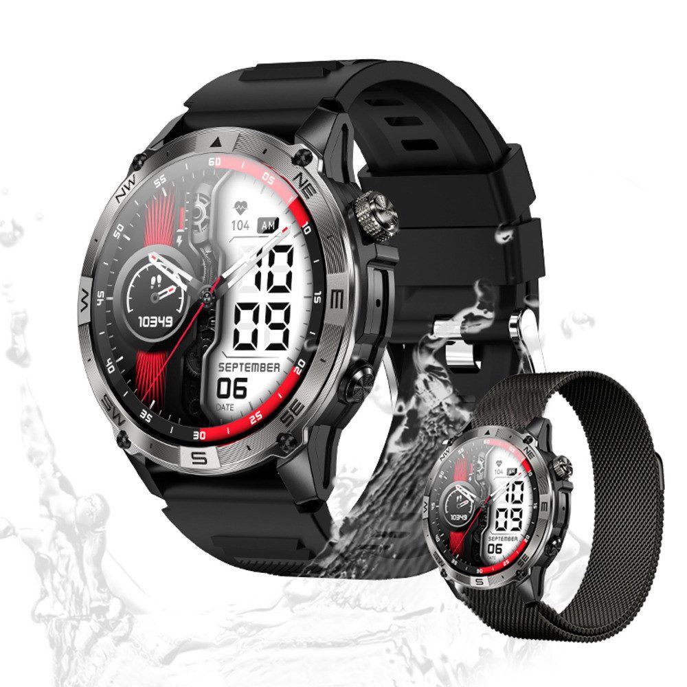 Valdus Herren's IP67 Wasserdicht AMOLED Fitness-Tracker Telefonfunktion Smartwatch (3,56 cm/1,4 Zoll, Android/iOS), mit austauschbarem weichem Mesharmband, mit GPS, Herzfrequenz, Blutsauerstoff, Höhenmesser & Kompass