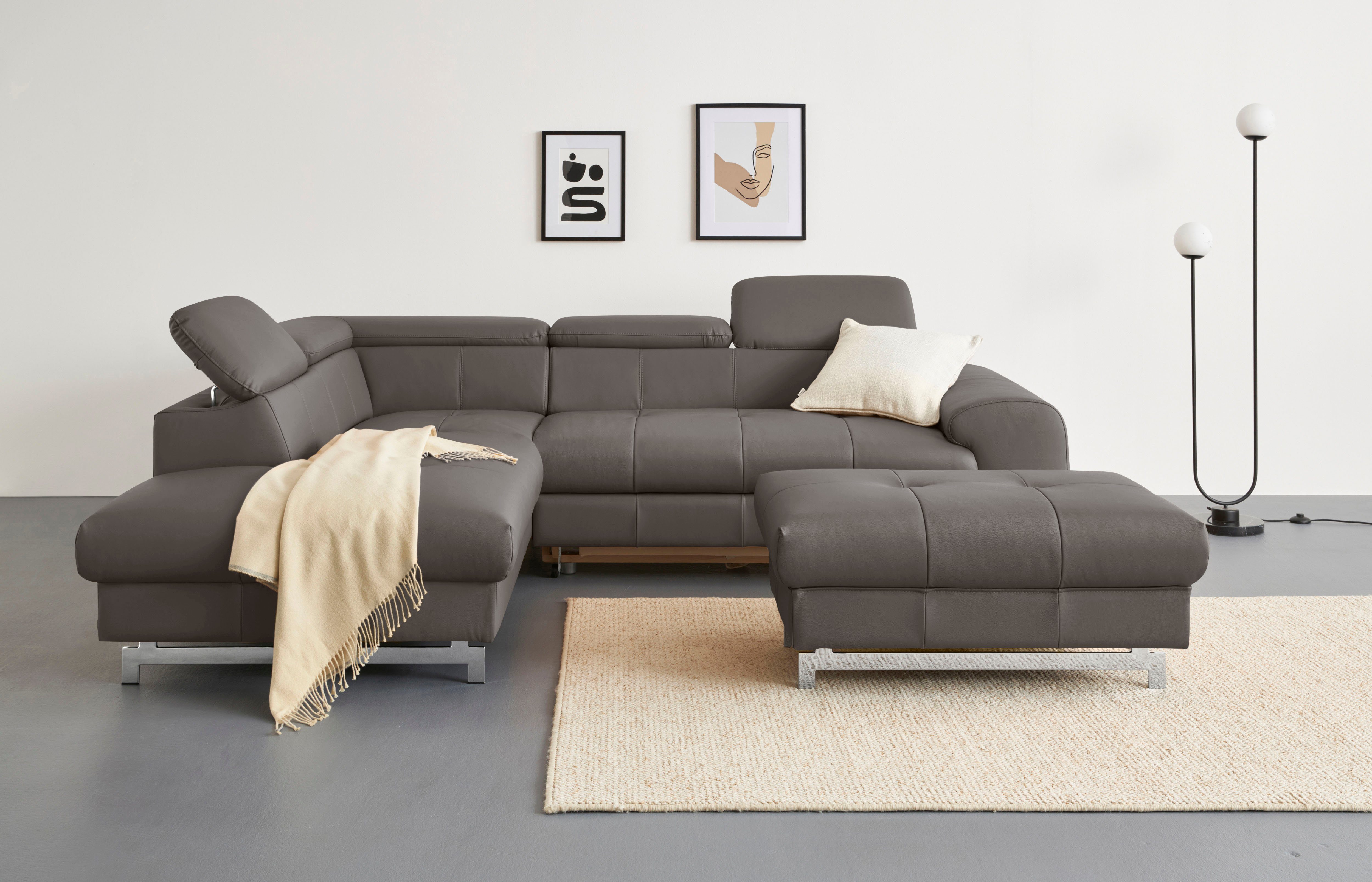 COTTA Ecksofa Chef L-Form, mit Kopfteilverstellung, edle Metallkufen, wahlweise mit Bettfunktion