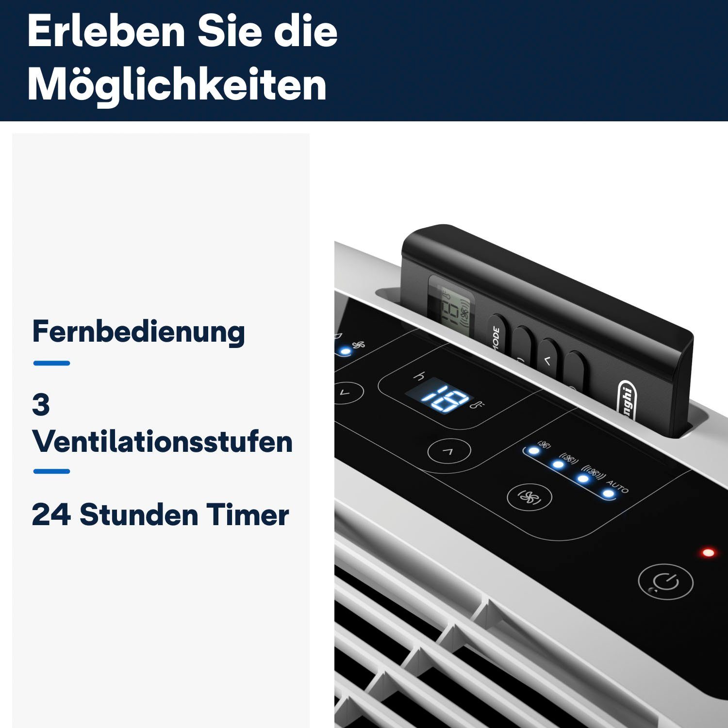 De'Longhi 3-in-1-Klimagerät Pinguino EM82K ideal für kleine Wohnungen/Räume, 32m² Räume, A, 9.400 BTU/h, 2,4 Kw, Luftentfeuchermodus, 24h Timer