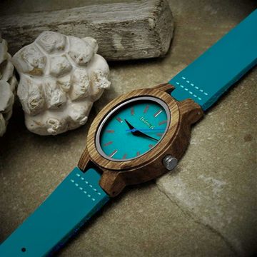 Holzwerk Quarzuhr LIL KAHLA kleine Damen Leder & Holz Armband Uhr in türkis blau & braun