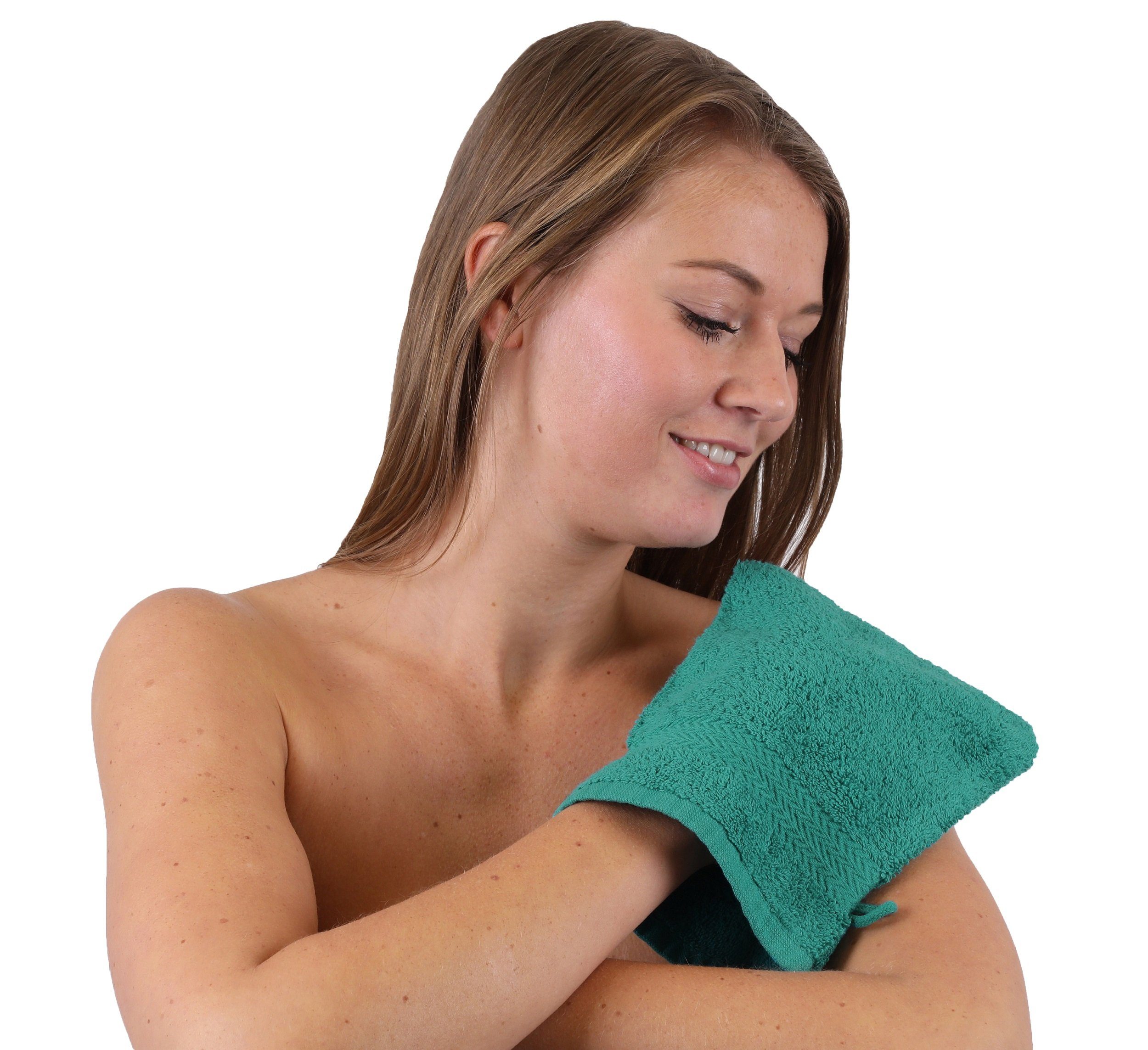 Betz Waschhandschuh 100% Stück Baumwolle Premium und Waschhandschuhe 10 Waschlappen 16x21 cm Farbe nussbraun Set smaragdgrün