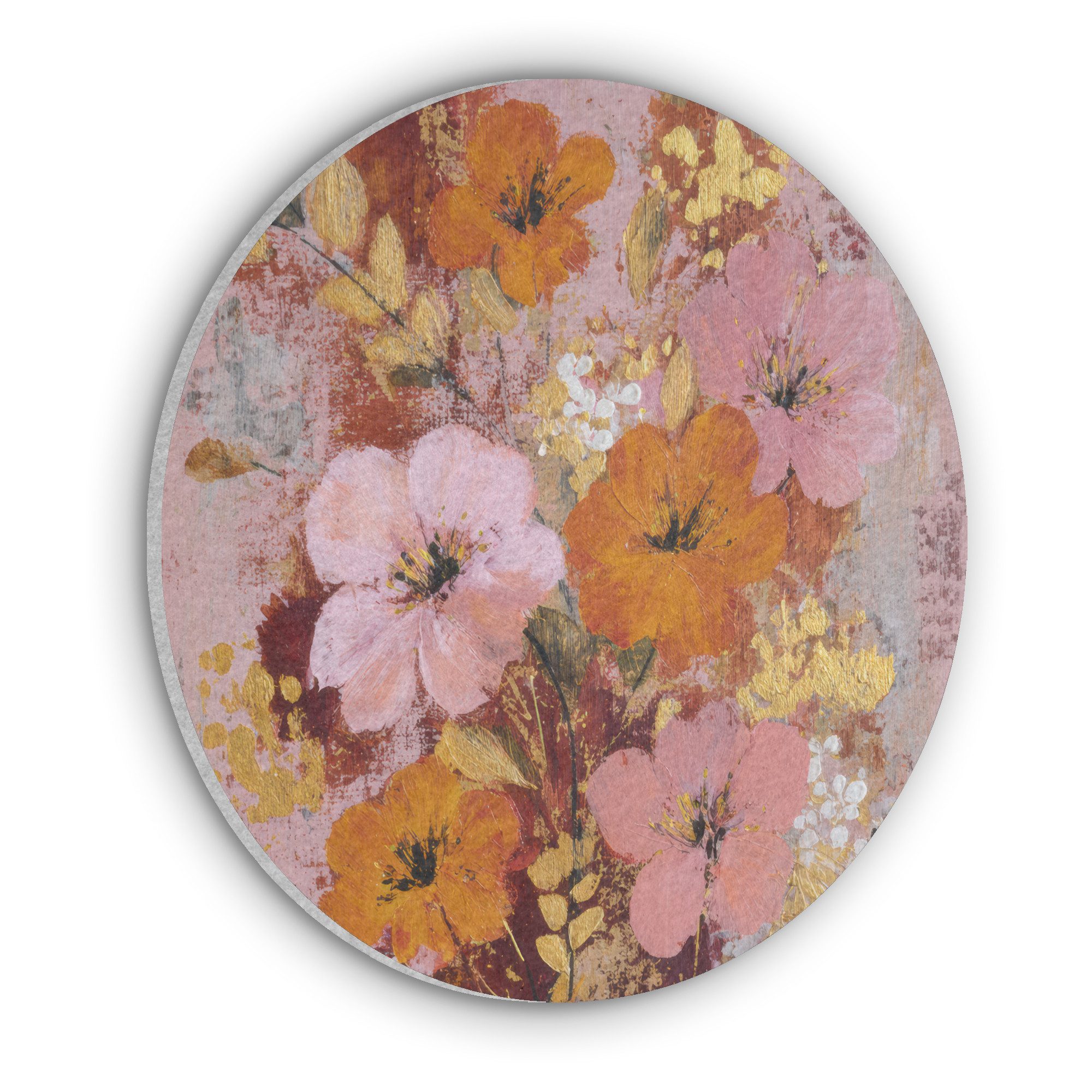 MuchoWow Gemälde Malerei - Blumen - Rustikal - Rosa, Fotodruck (1 St), Akustikpaneele rund, Schalldämmung, Akustikbilder 30x30 cm