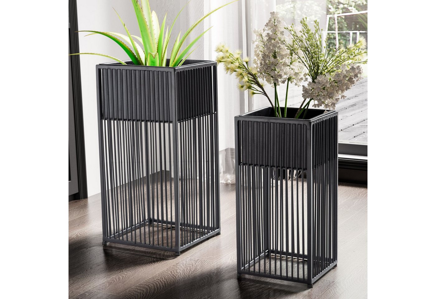 Thumbnail - FINEBUY Pflanzkübel (Blumentopf 2er Set Metall Schwarz Quadratisch), Pflanzenkübel 2-teilig, Blumenkübel Pflanzgefäß