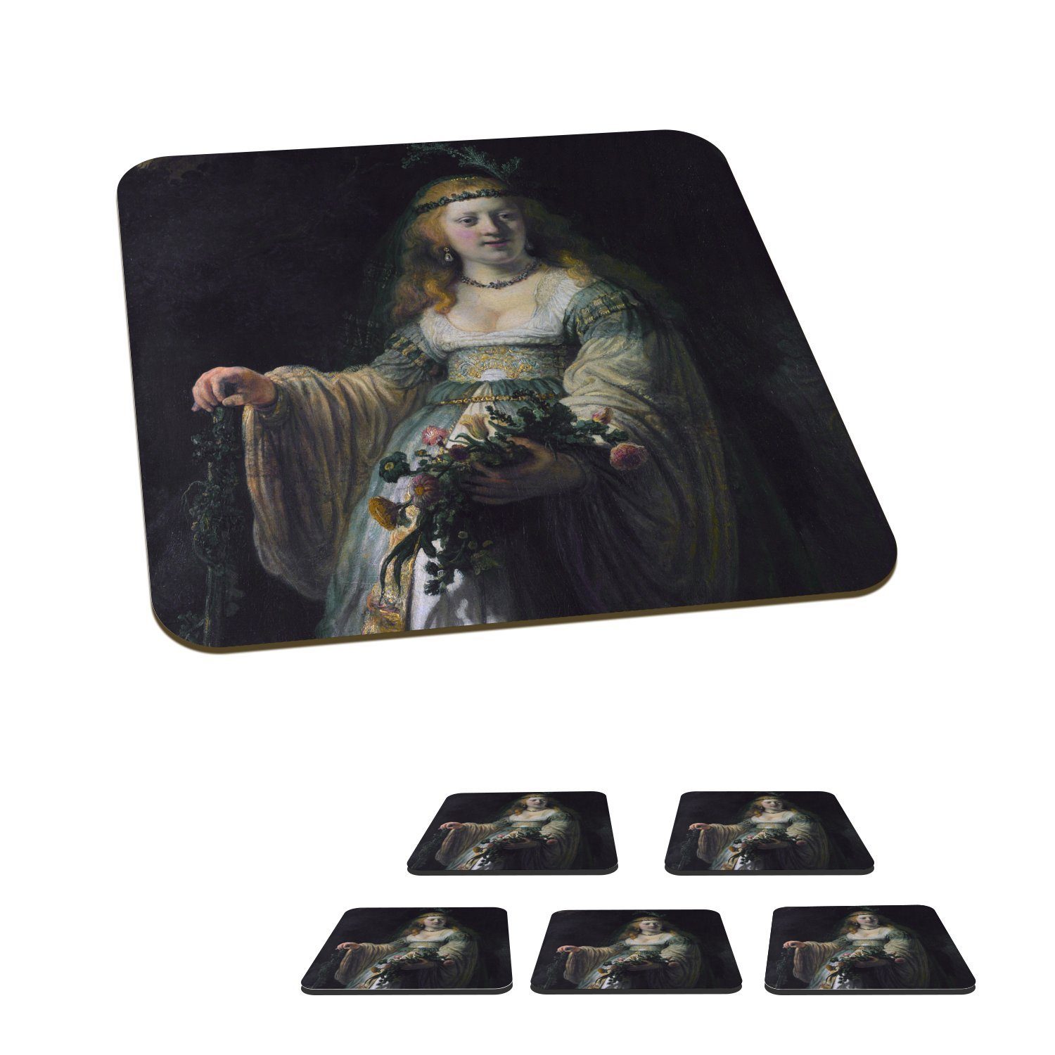 MuchoWow Glasuntersetzer Saskia von Uylenburgh - Gemälde von Rembrandt van Rijn, Zubehör für Gläser, 6-tlg., Glasuntersetzer, Tischuntersetzer, Korkuntersetzer, Untersetzer, Tasse