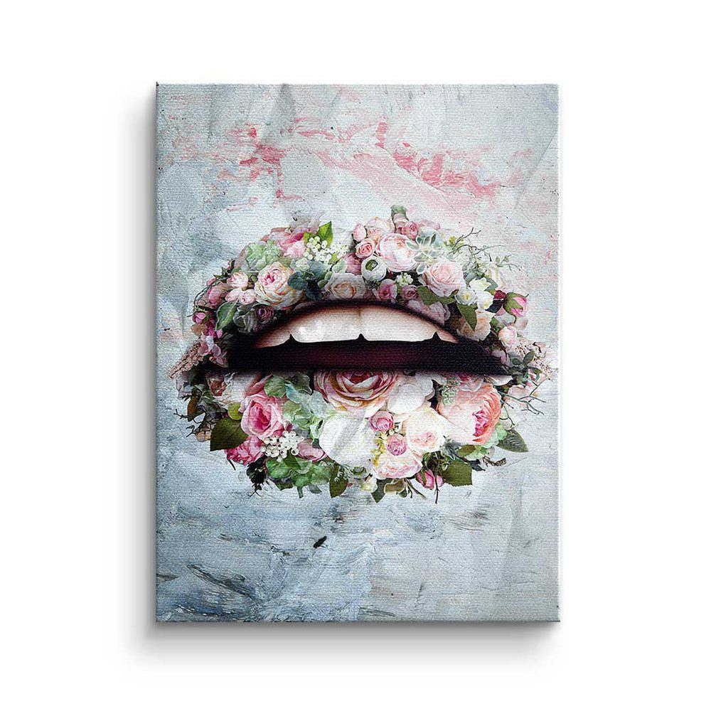 DOTCOMCANVAS® Leinwandbild, Premium Leinwandbild - Pop Art - Lips & Flowers - modernes Wandbild ohne Rahmen
