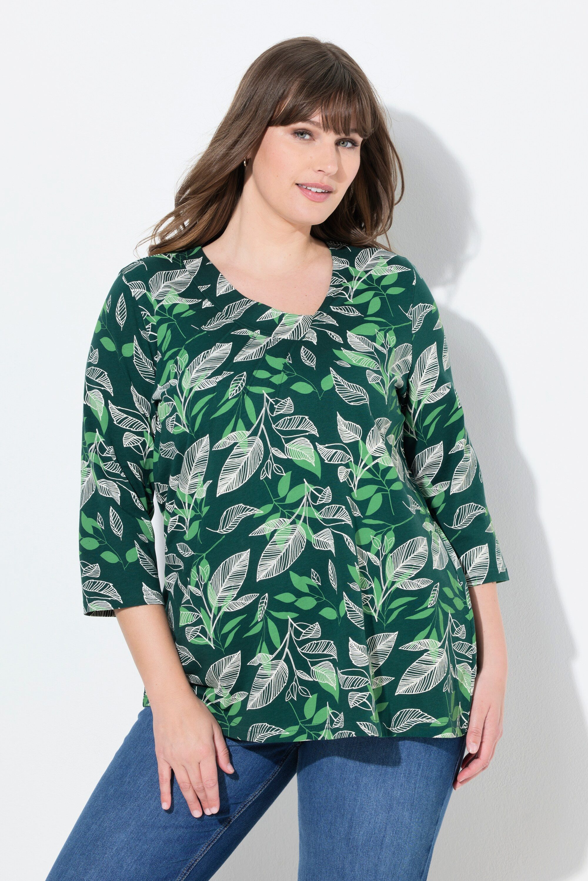 Ulla Popken T-Shirt Shirt Blätter V-Ausschnitt 3/4-Arm Biobaumwolle günstig online kaufen