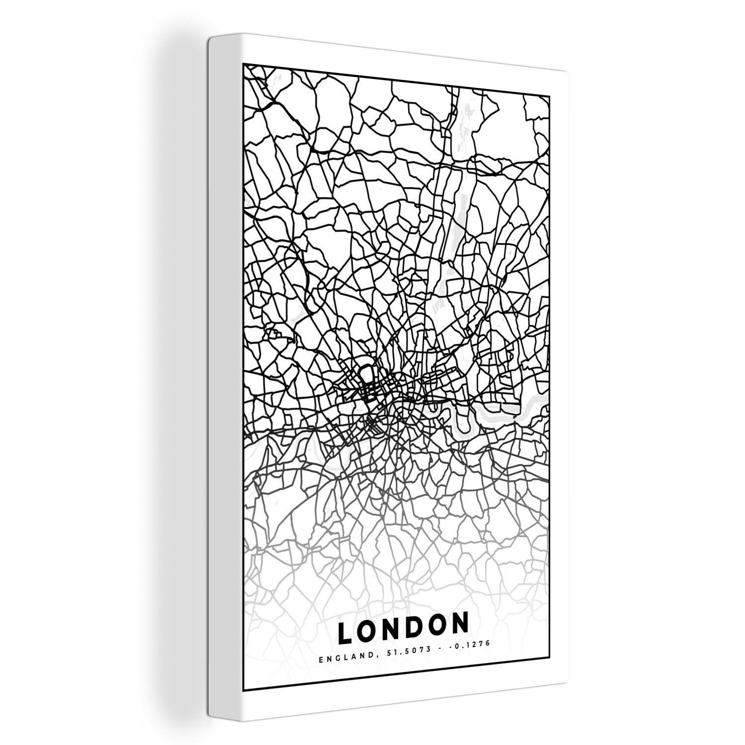 OneMillionCanvasses® Leinwandbild London Karte, - fertig Stadtplan Zackenaufhänger, und inkl. Gemälde, Leinwandbild - St), - (1 cm 20x30 Schwarz weiß bespannt