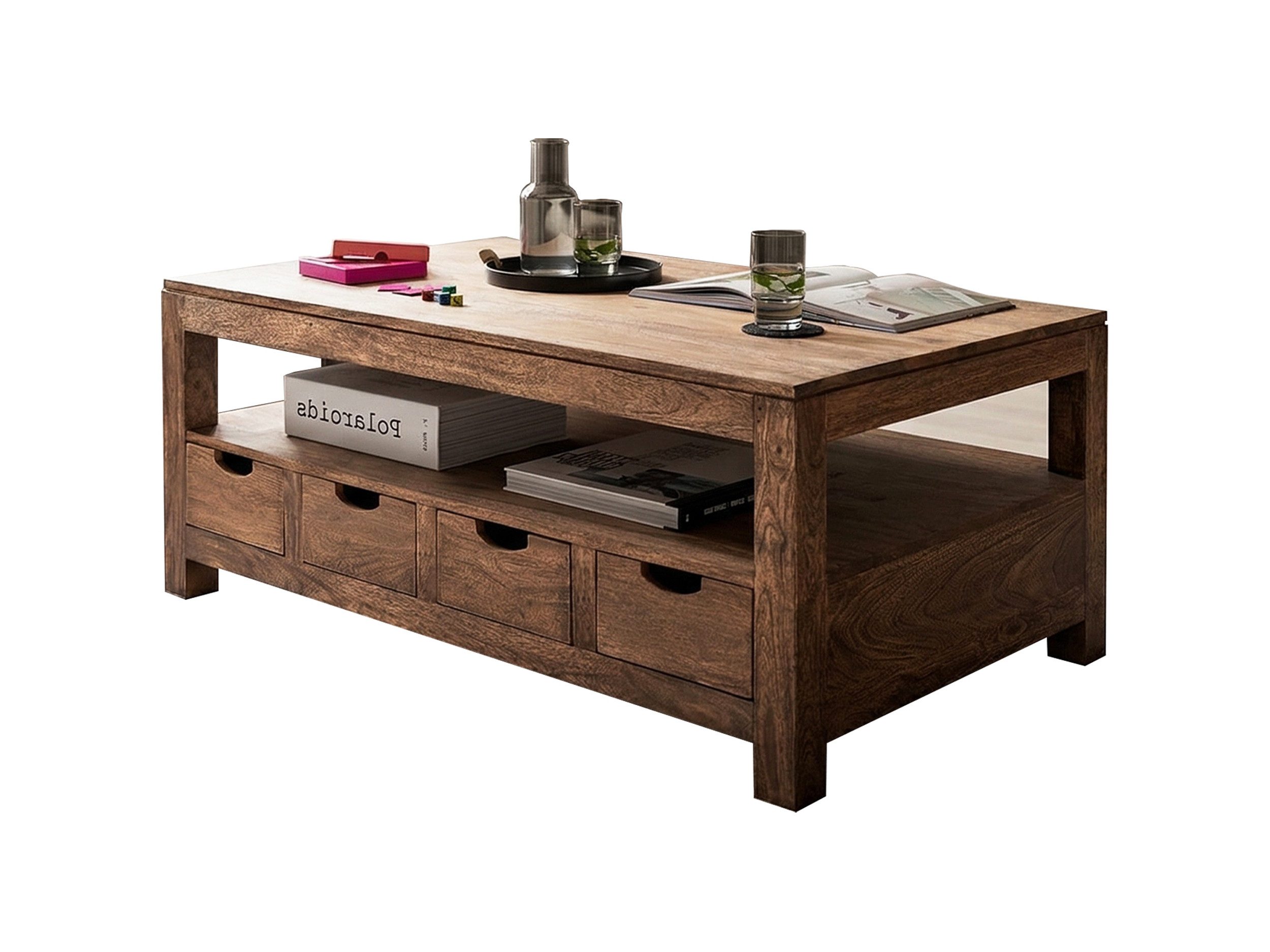 Massivart® Couchtisch Wohnzimmertisch, B 120 cm, Massivholz Mango dunkel gebeizt »MANGALA«, montiert · 4 Schubladen · 1 offenes Ablagefach · viel Stauraum