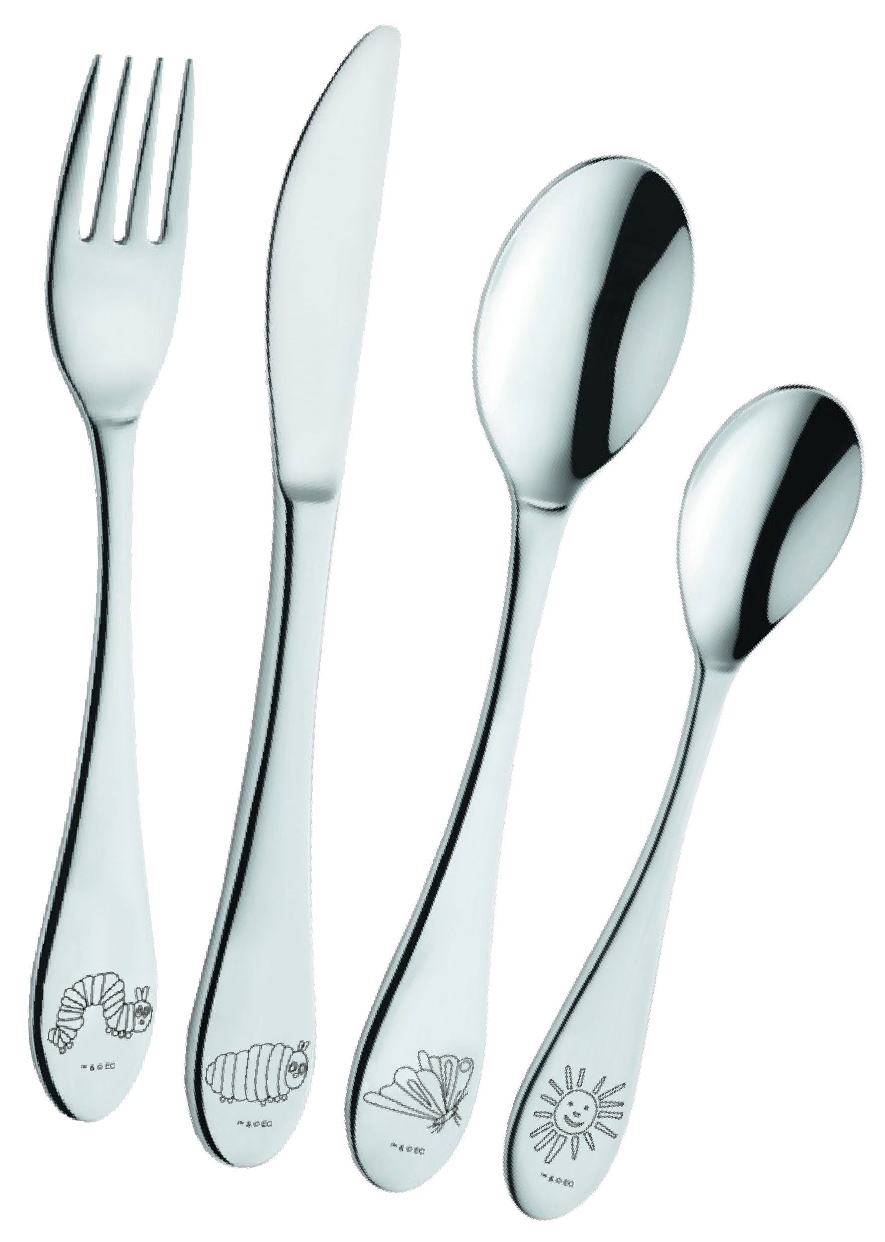 Geda Labels GmbH Kinderbesteck Raupe Nimmersatt (4-tlg), 18/10 Edelstahl, Silber, 20,8x14x2,5cm, spülmaschinengeeignet