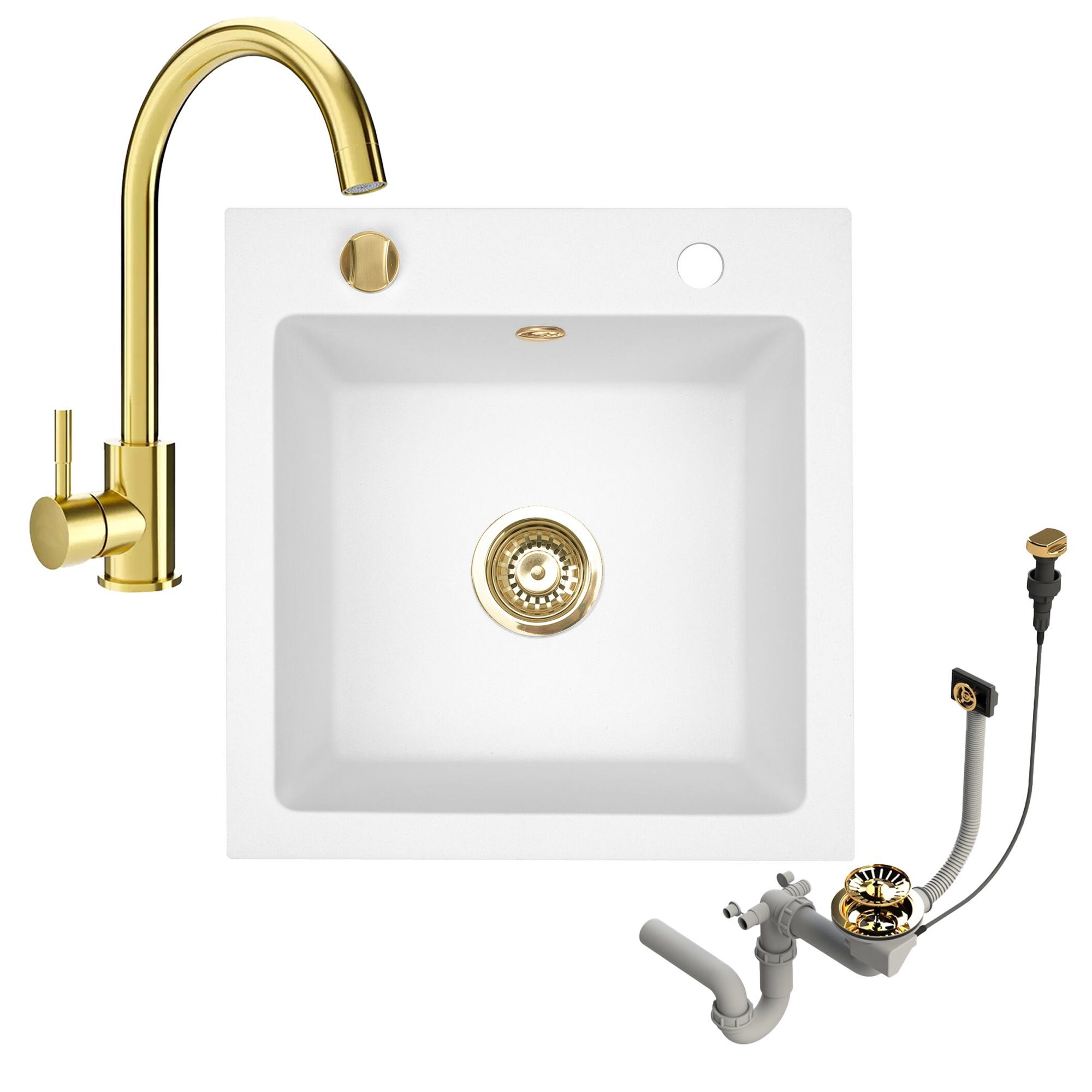Faizee Möbel Granitspüle Granitspüle 49x52 +Armatur Gold Küchenspüle Spülbecken inkl. Siphon, eckig, 49/52 cm