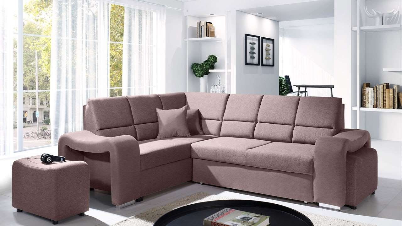MKS MÖBEL Ecksofa AKIWA, Wohnlandschaft - L-Form Couch mit Schlaffunktion, 2 Hocker Rosa