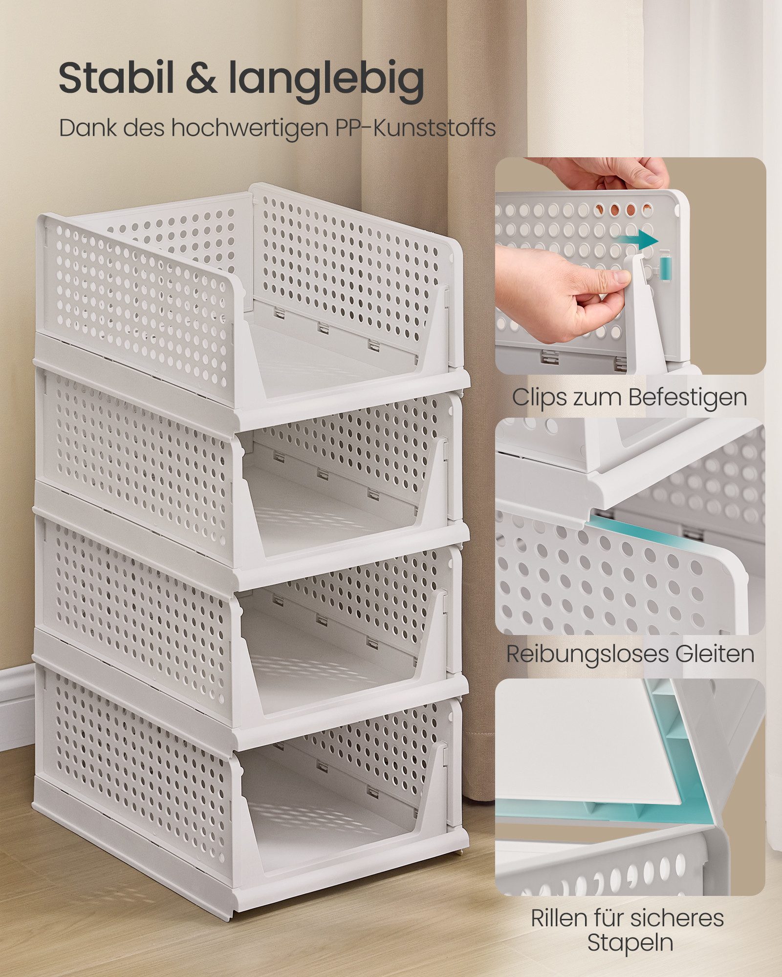 SONGMICS Aufbewahrungsbox Schrank-Organizer klappbar, Aufbewahrung und Organisation, Kunststoff (6 St), Schlafzimmer, Büro, Badezimmer, ausziehbarer, 6er Set, 3 – Bild 5 von 5
