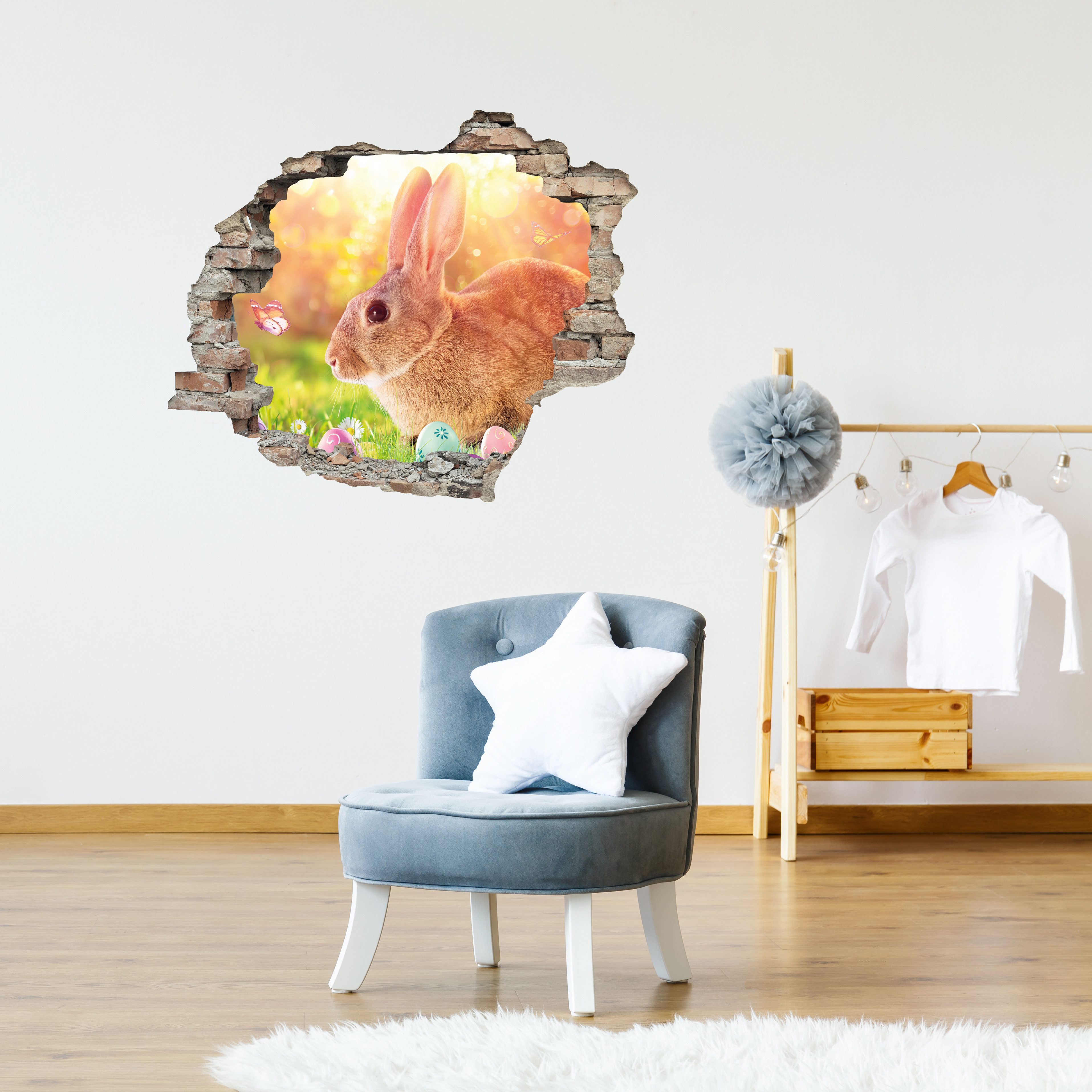 queence 3D-Wandtattoo Osterhase mit Schmetterling (1 St), Selbstklebender Wandsticker Ostern Wanddurchbruch 60x50cm